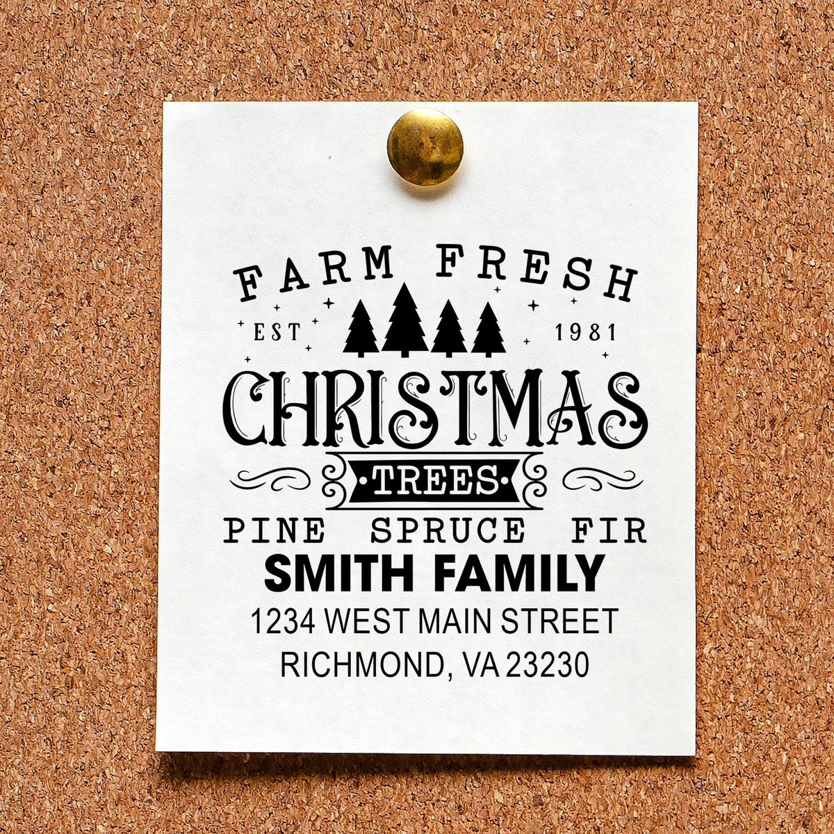 Personalized Farm Fresh Christmas Trees rubber stamp with family name, address, and pine tree holiday design.
