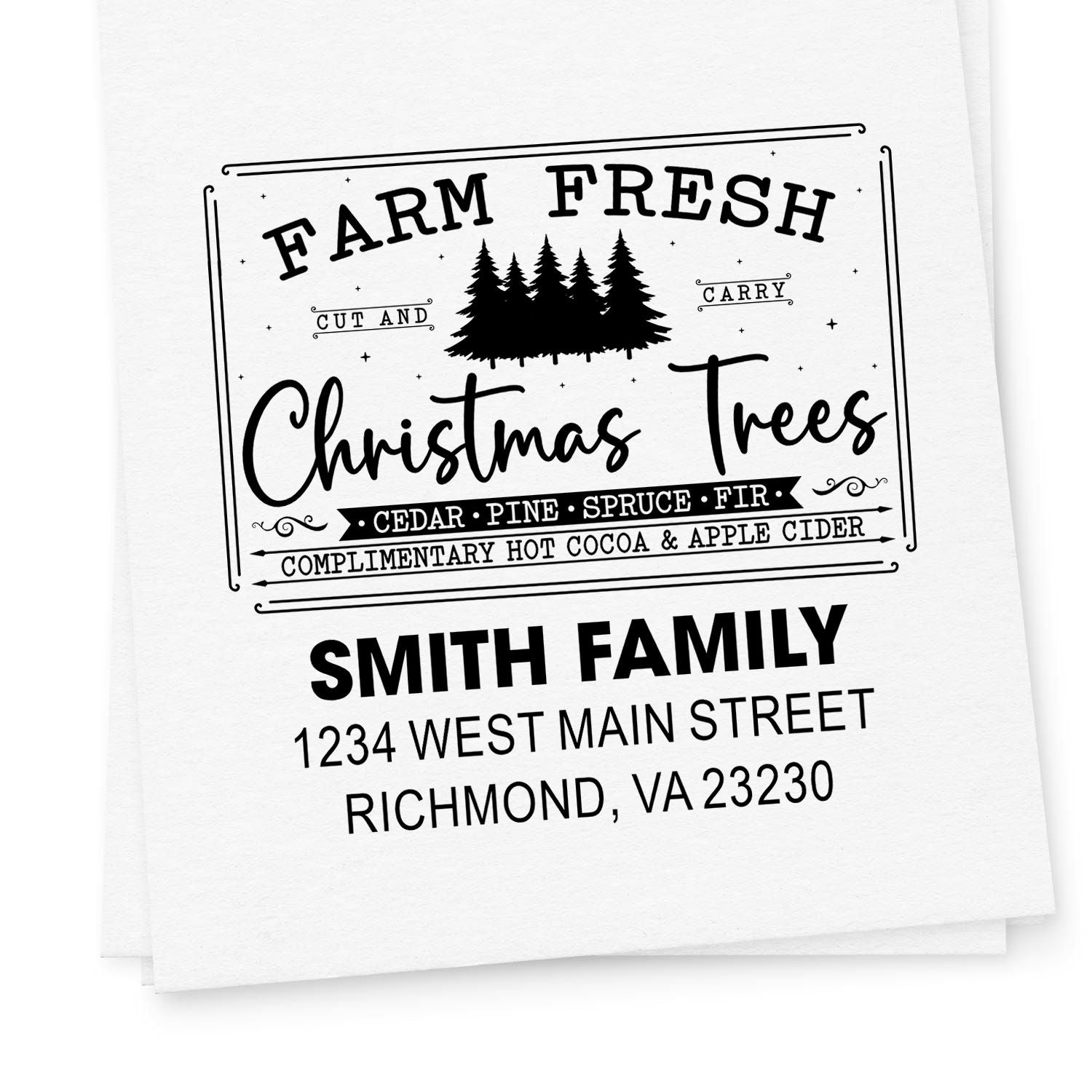 Custom rubber stamp with Farm Fresh Christmas Trees design and Smith Family return address for holiday cards and packaging.