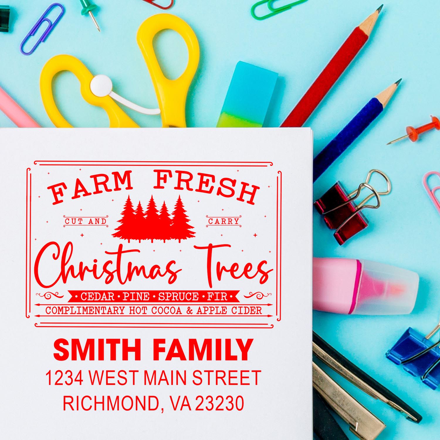 Custom address stamp design for Farm Fresh Christmas Trees, featuring Smith Family and Richmond, VA holiday stationery.