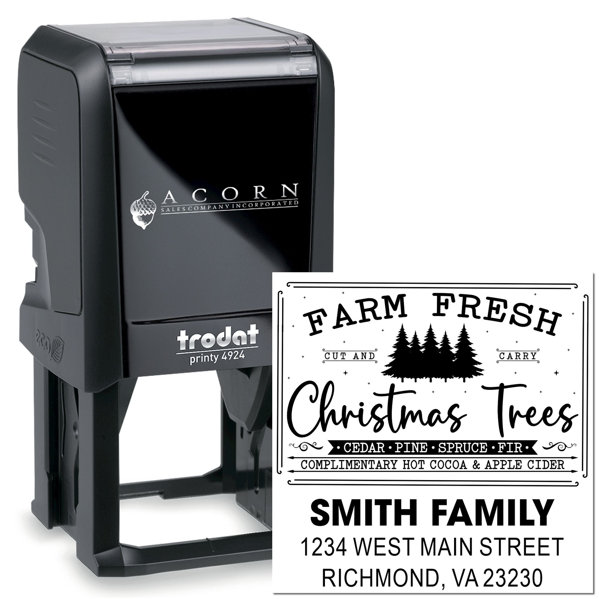 Custom self-inking Trodat rubber stamp with Farm Fresh Christmas Trees design and Smith Family address for packaging.