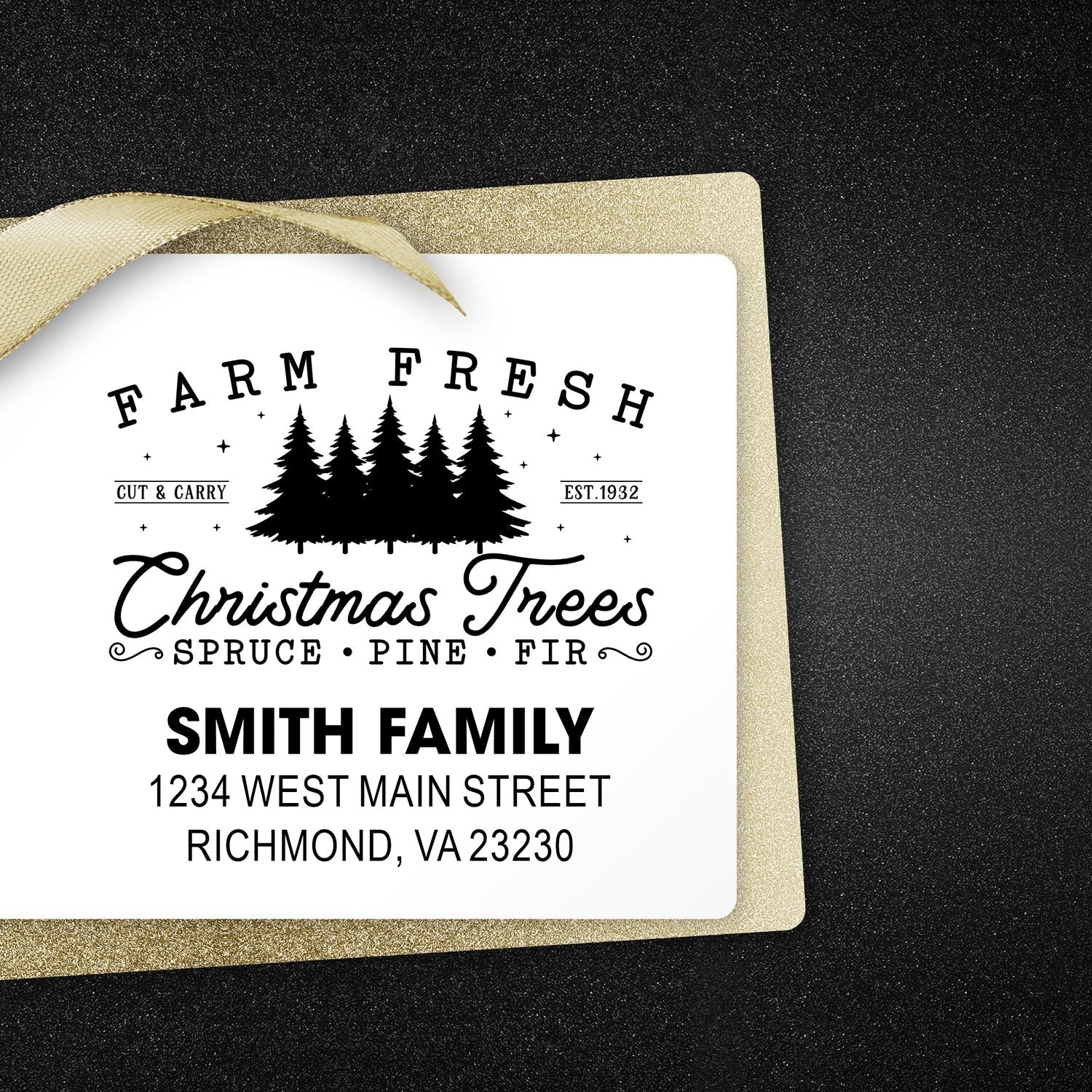 Custom Christmas tree farm address rubber stamp with family name and vintage Farm Fresh Trees holiday design for branding.