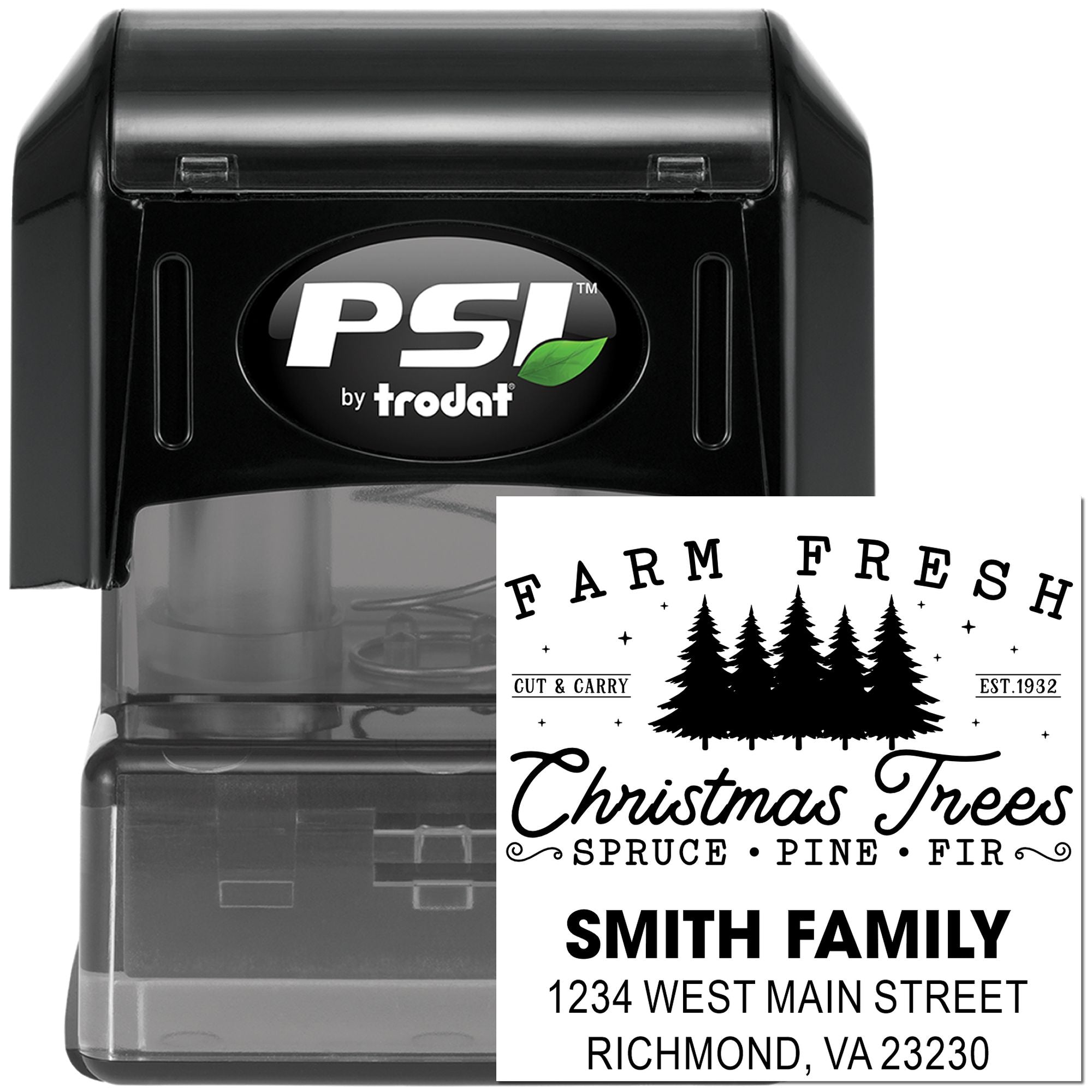 PSI by Trodat self-inking rubber address stamp with custom Christmas tree farm design and personalized family imprint.