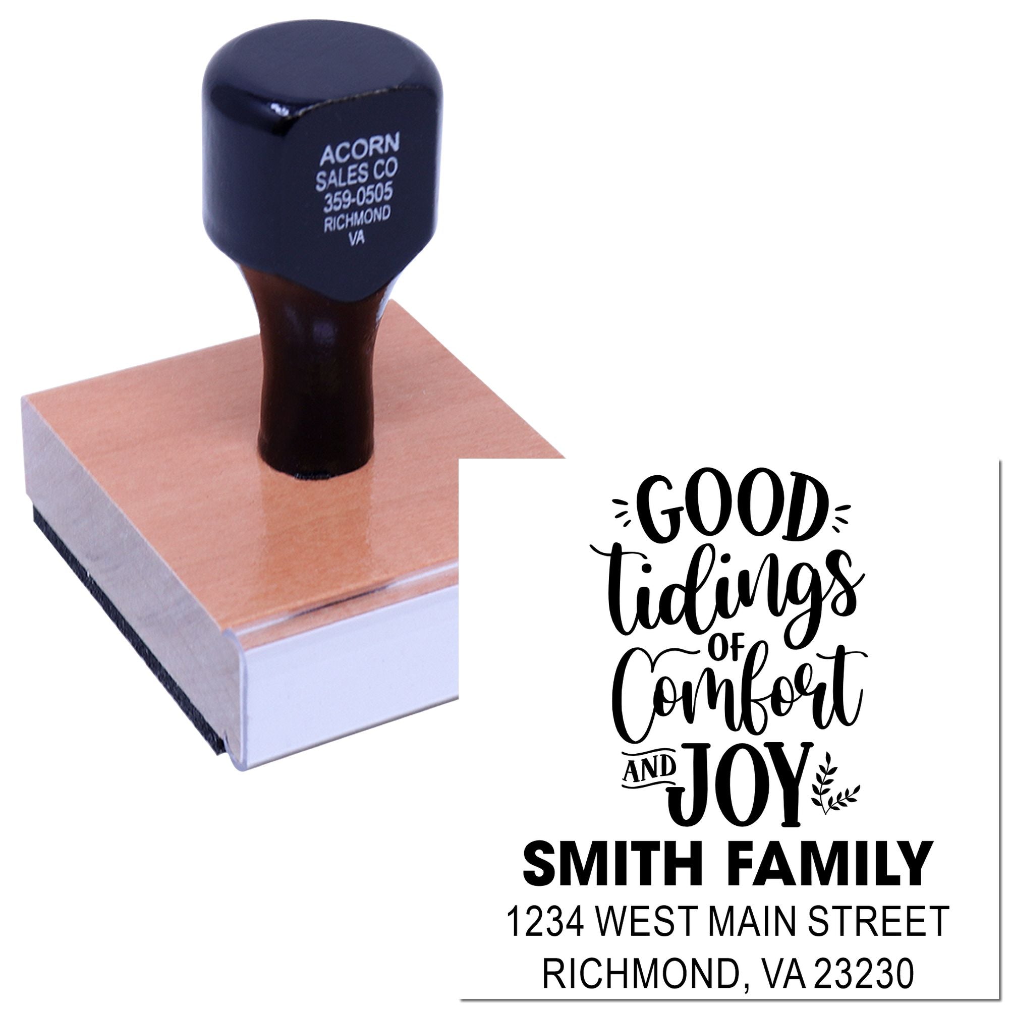 Personalized rubber address stamp with holiday greeting, family name, and return address for Christmas cards.