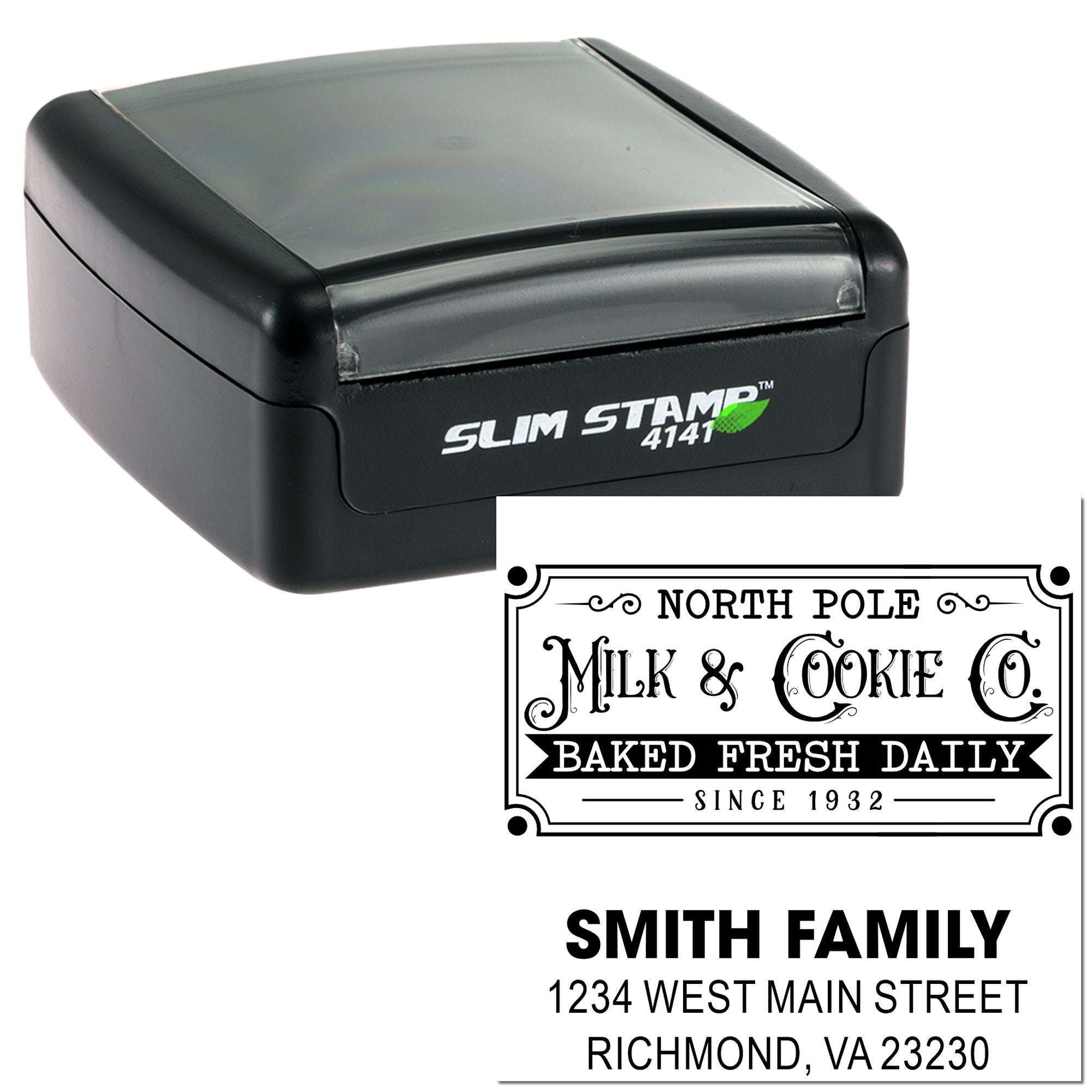 Custom self-inking rubber stamp with personalized return address and bakery logo imprint