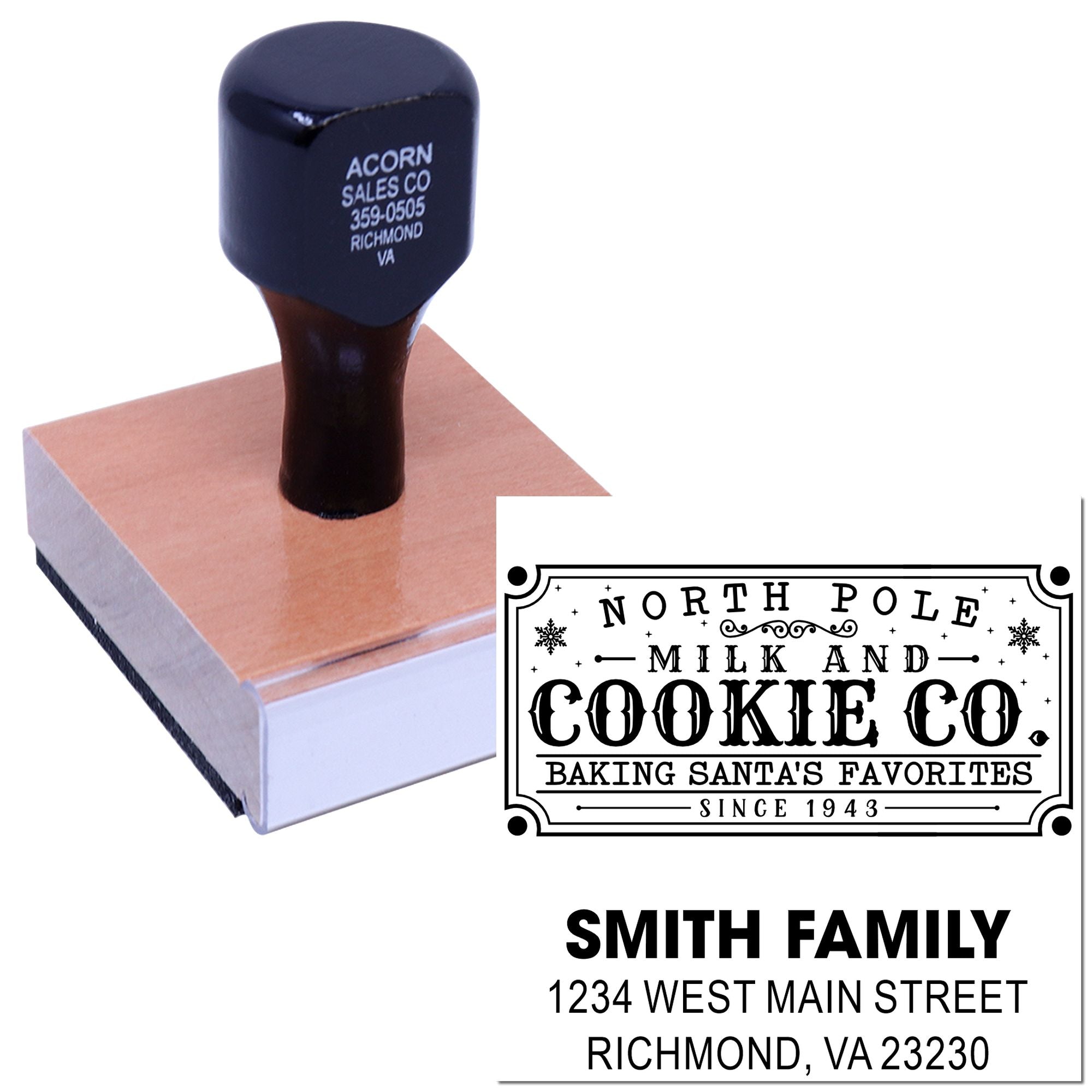 Custom rubber stamp for business and holiday branding with personalized return address and bakery design examples.