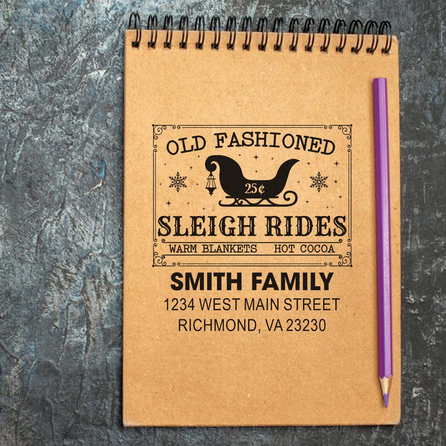Custom Christmas rubber stamp for holiday cards with Old Fashioned Sleigh Rides, family name, and return address.