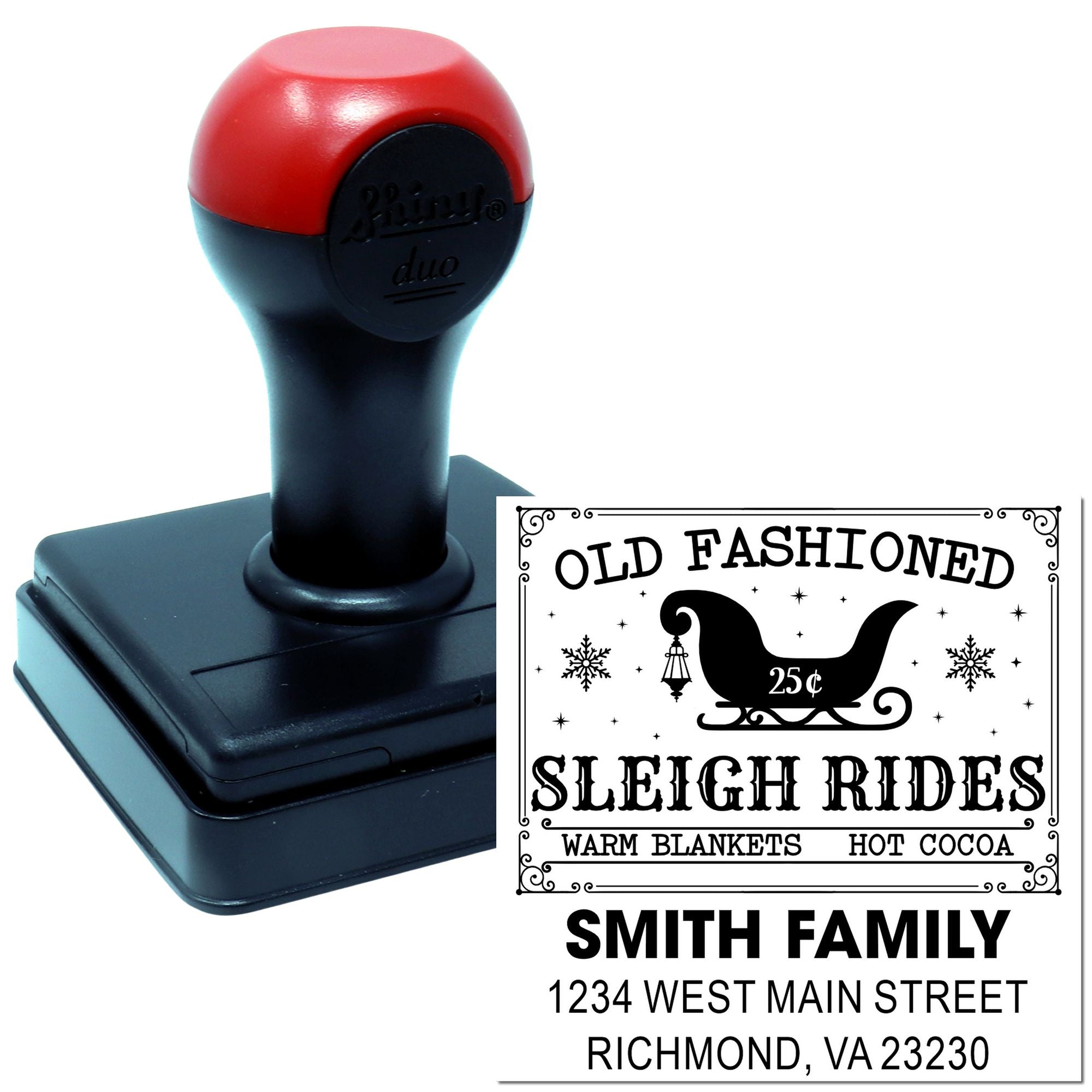 Custom self-inking rubber stamp with old fashioned sleigh rides design, family name, and address for holiday branding.