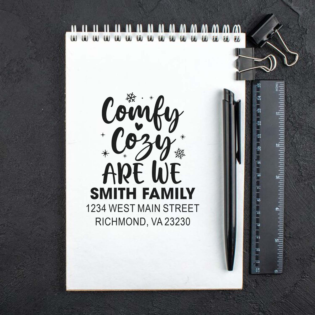 Custom family address rubber stamp with cozy holiday quote for Smith family envelopes and personalized mail.