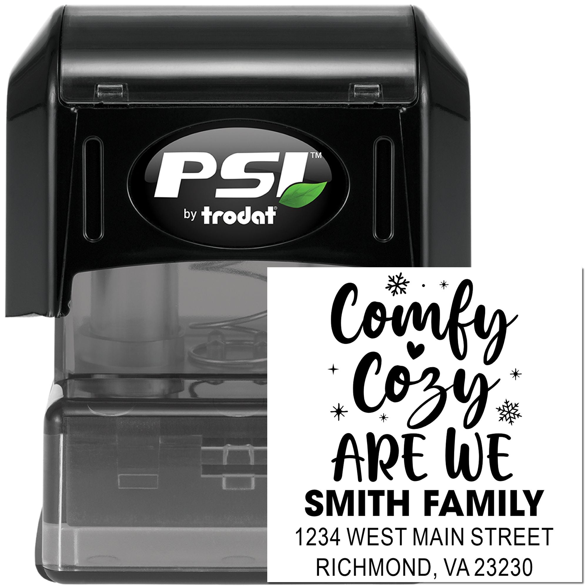 PSI by Trodat self-inking custom address stamp with cozy holiday Comfy Cozy family imprint for personalized rubber stamping
