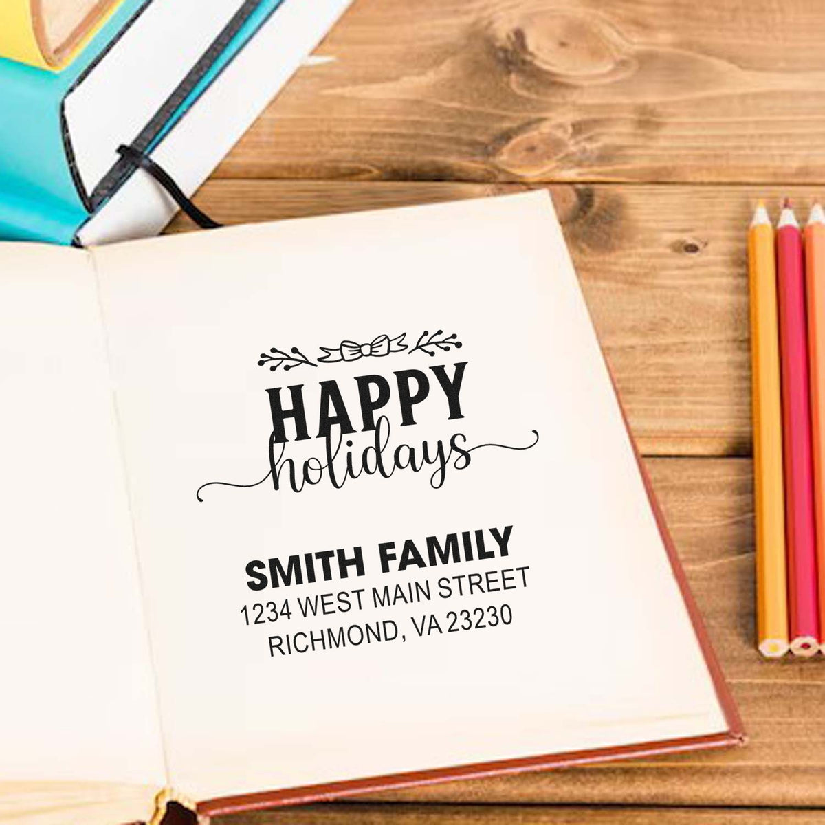 Personalized Happy Holidays rubber stamp with family name and return address for festive cards and holiday mail.