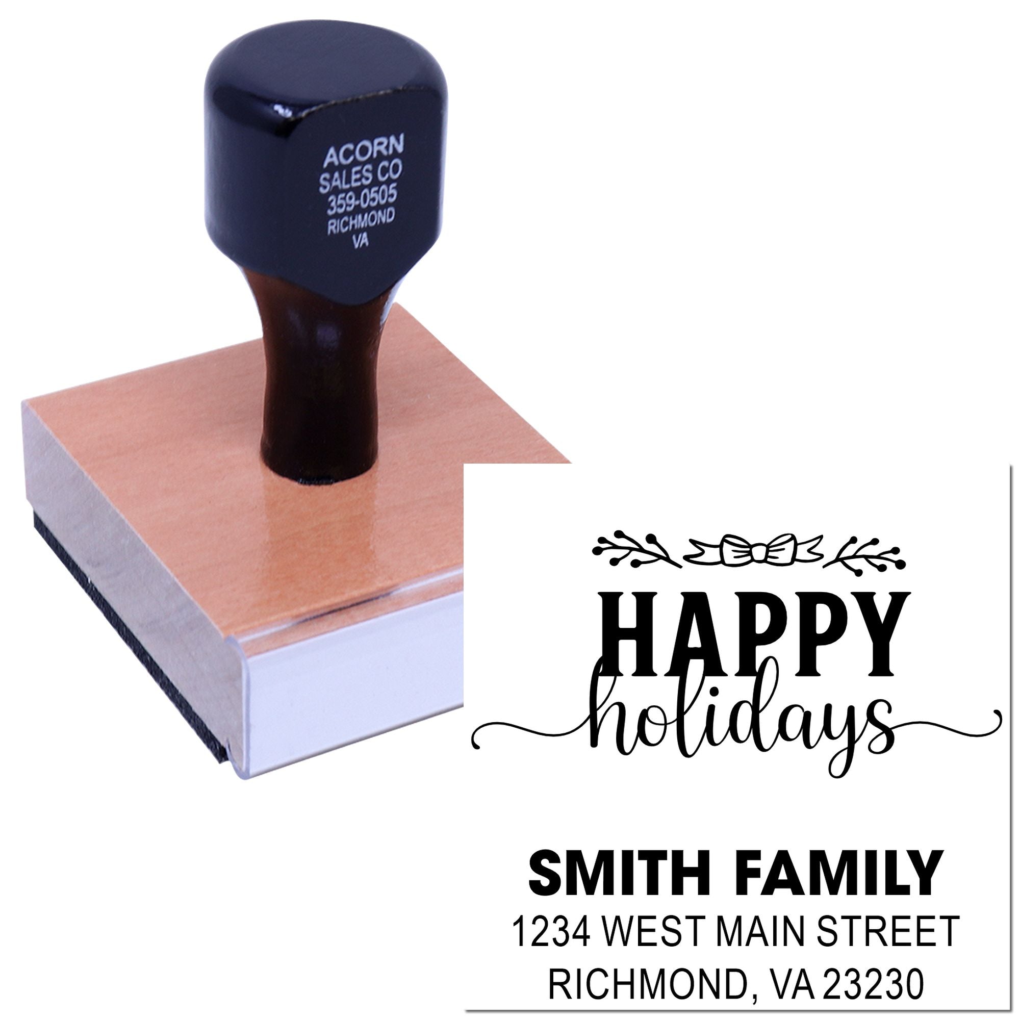 Custom Happy Holidays return address rubber stamp for personalized Christmas cards, envelopes, and holiday packaging.