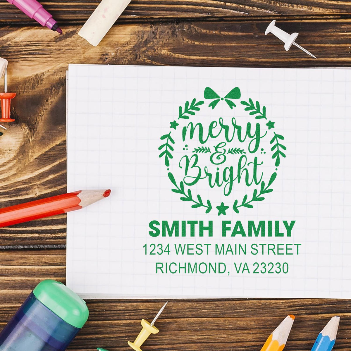 Personalized Christmas rubber stamp with Merry & Bright wreath, Smith family name, and return address