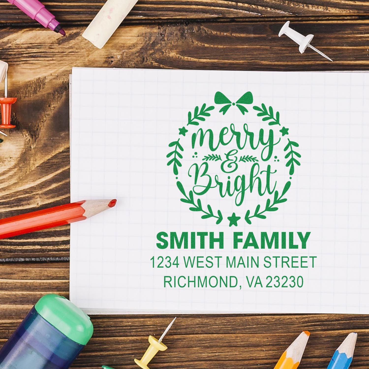 Custom Christmas return address rubber stamp with Merry & Bright wreath design for Smith family holiday mail.