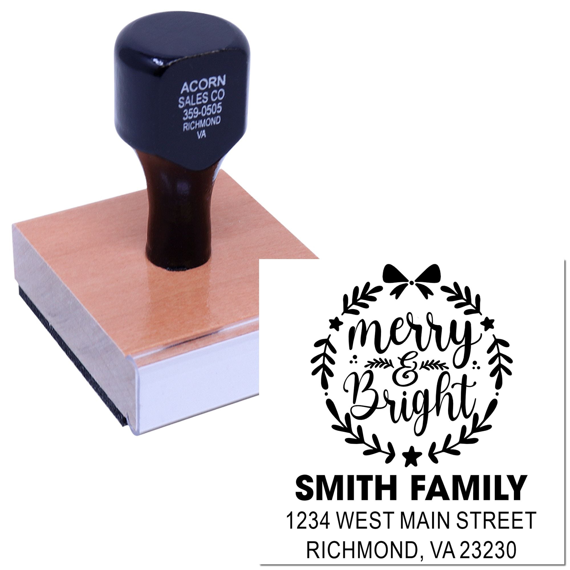 Custom holiday return address rubber stamp with Merry & Bright design and Smith Family address imprint.