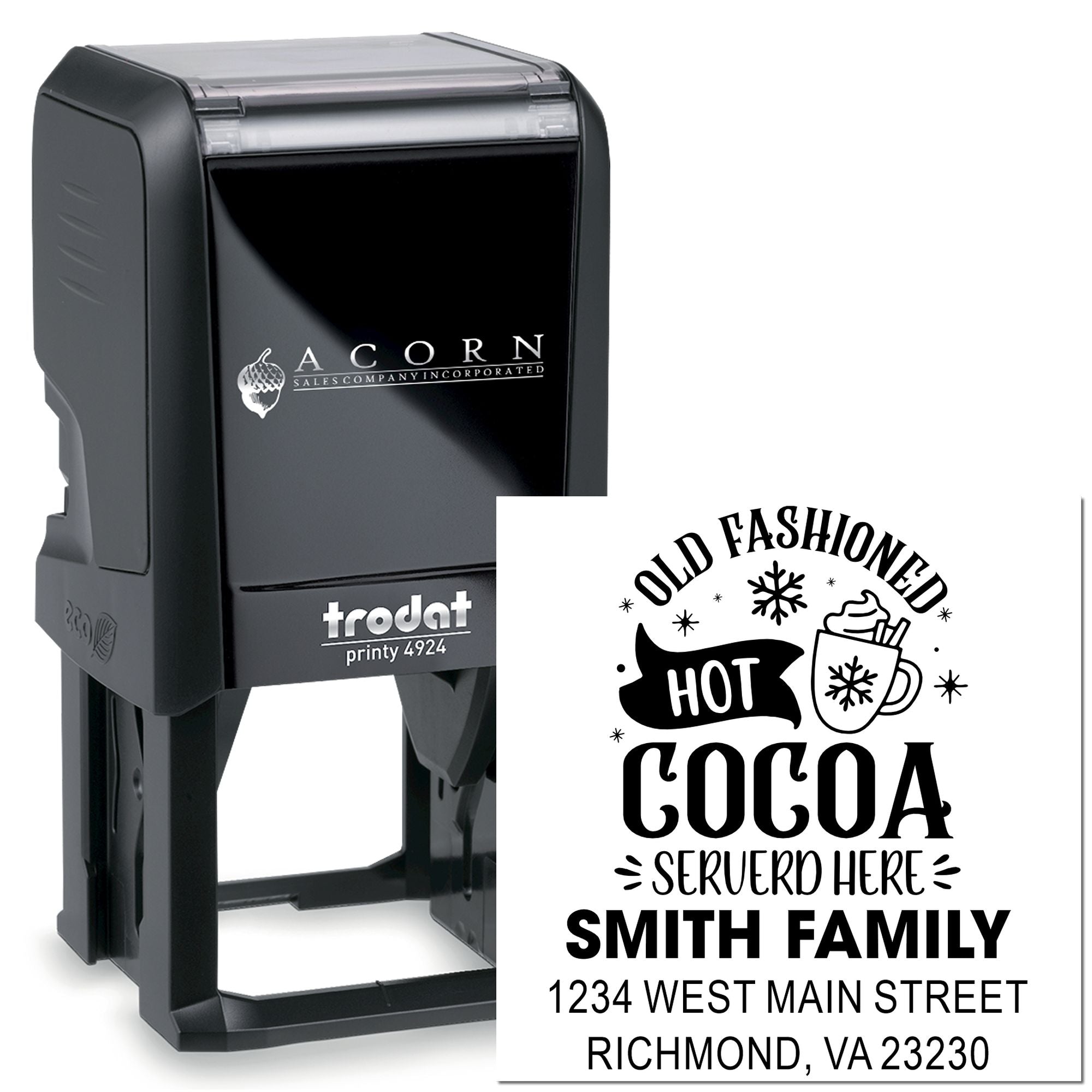 Custom self-inking rubber stamp with Old Fashioned Hot Cocoa Served Here design and Smith Family return address for holiday use.