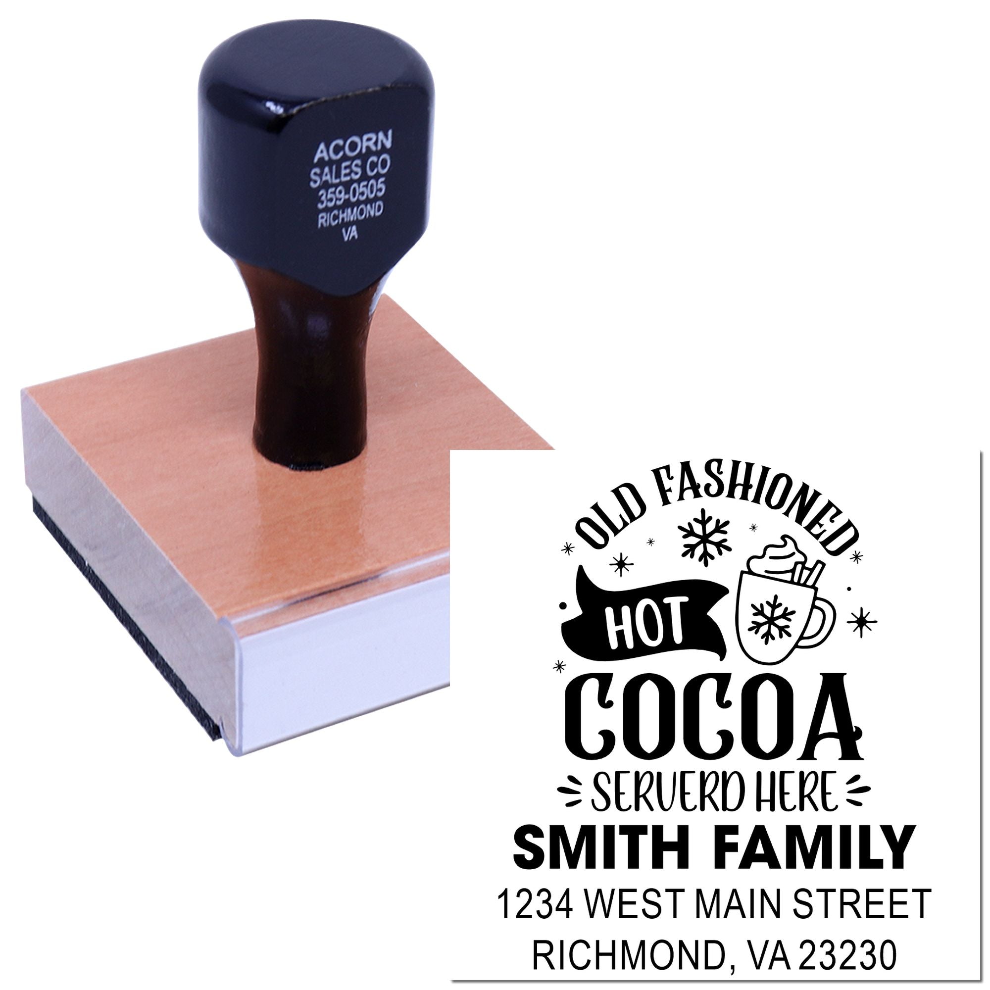 Custom rubber stamp with personalized Old Fashioned Hot Cocoa design and Smith Family address imprint.