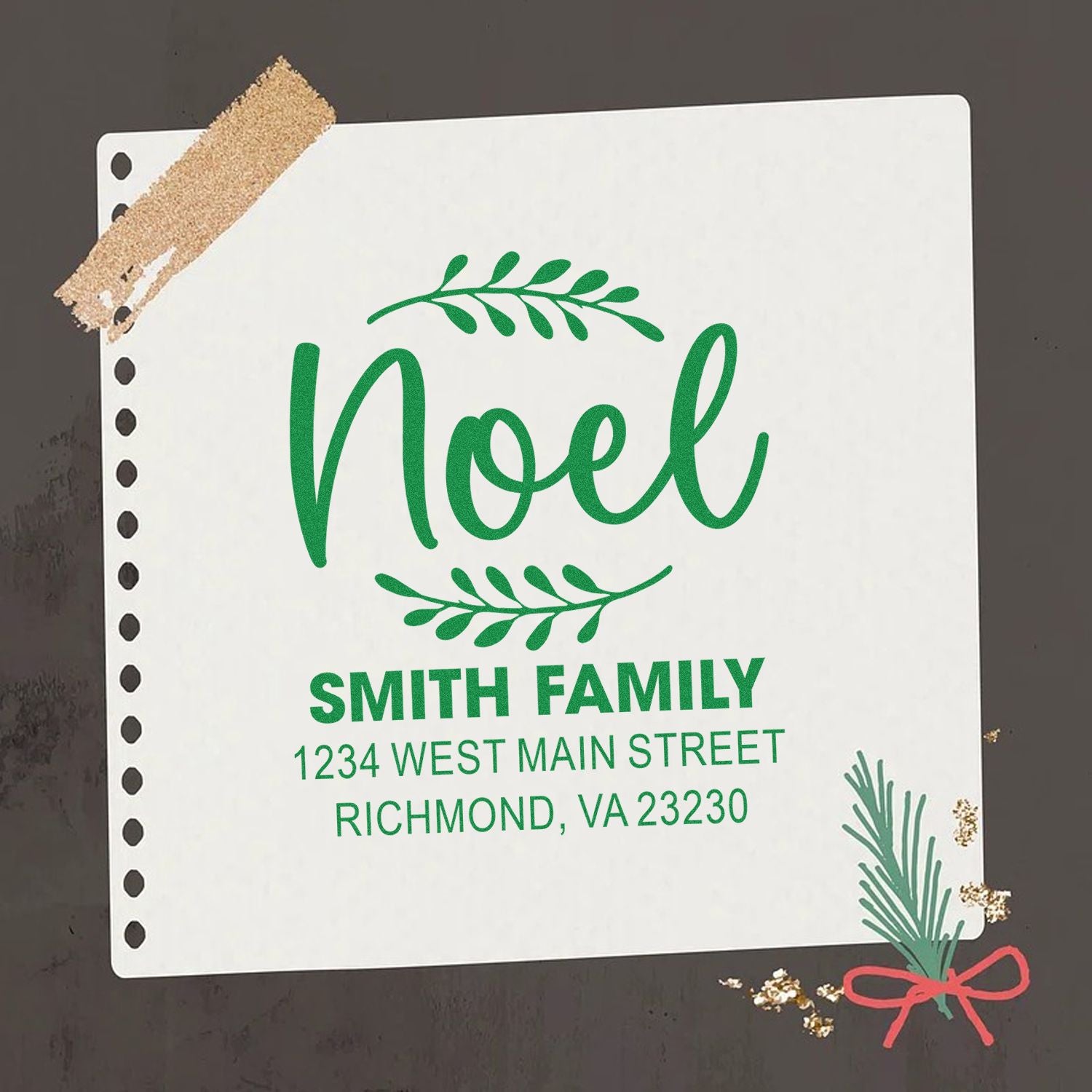 Personalized holiday return address rubber stamp with Noel, Smith family name, and festive green address design.