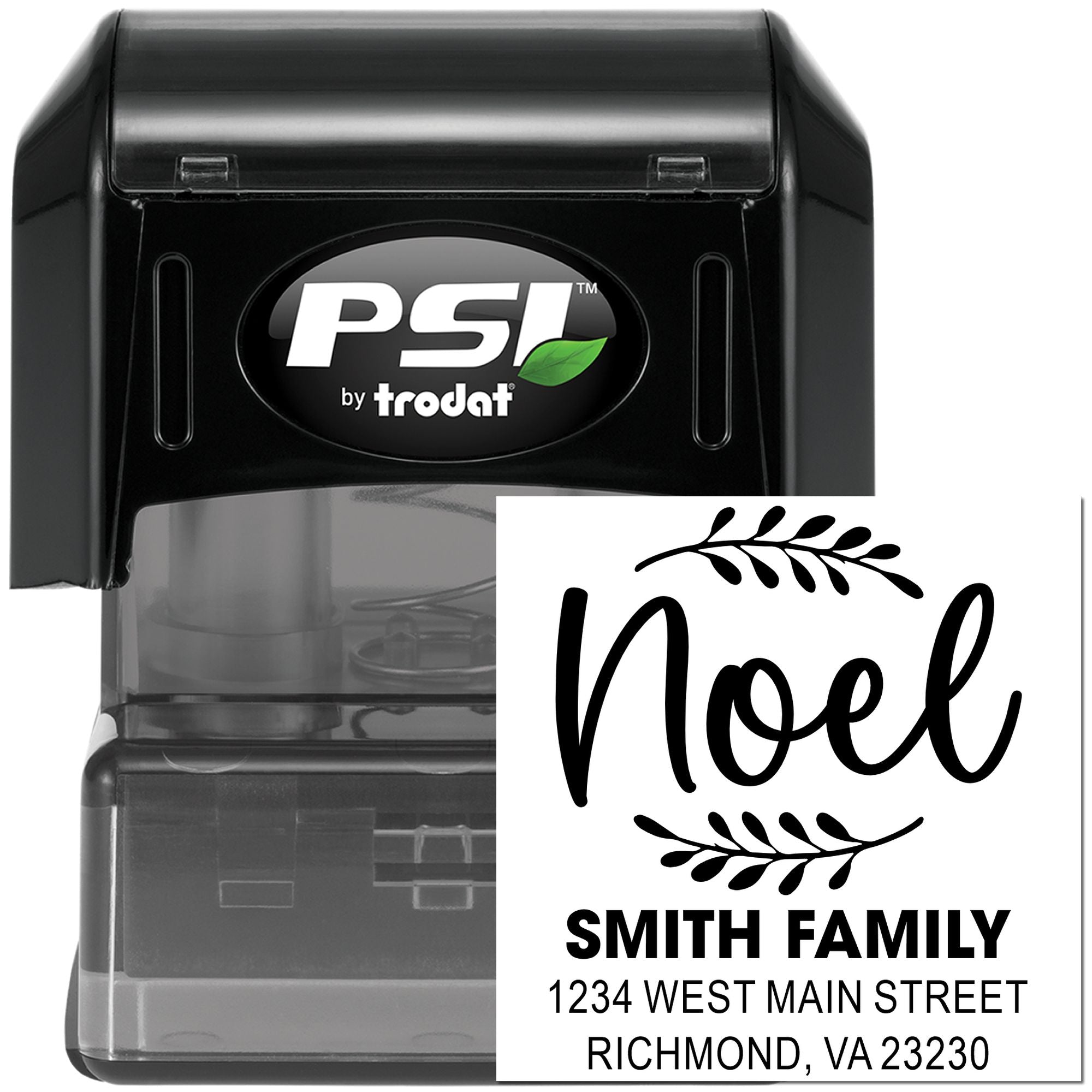 Custom self-inking rubber stamp with Noel design for Smith Family return address.