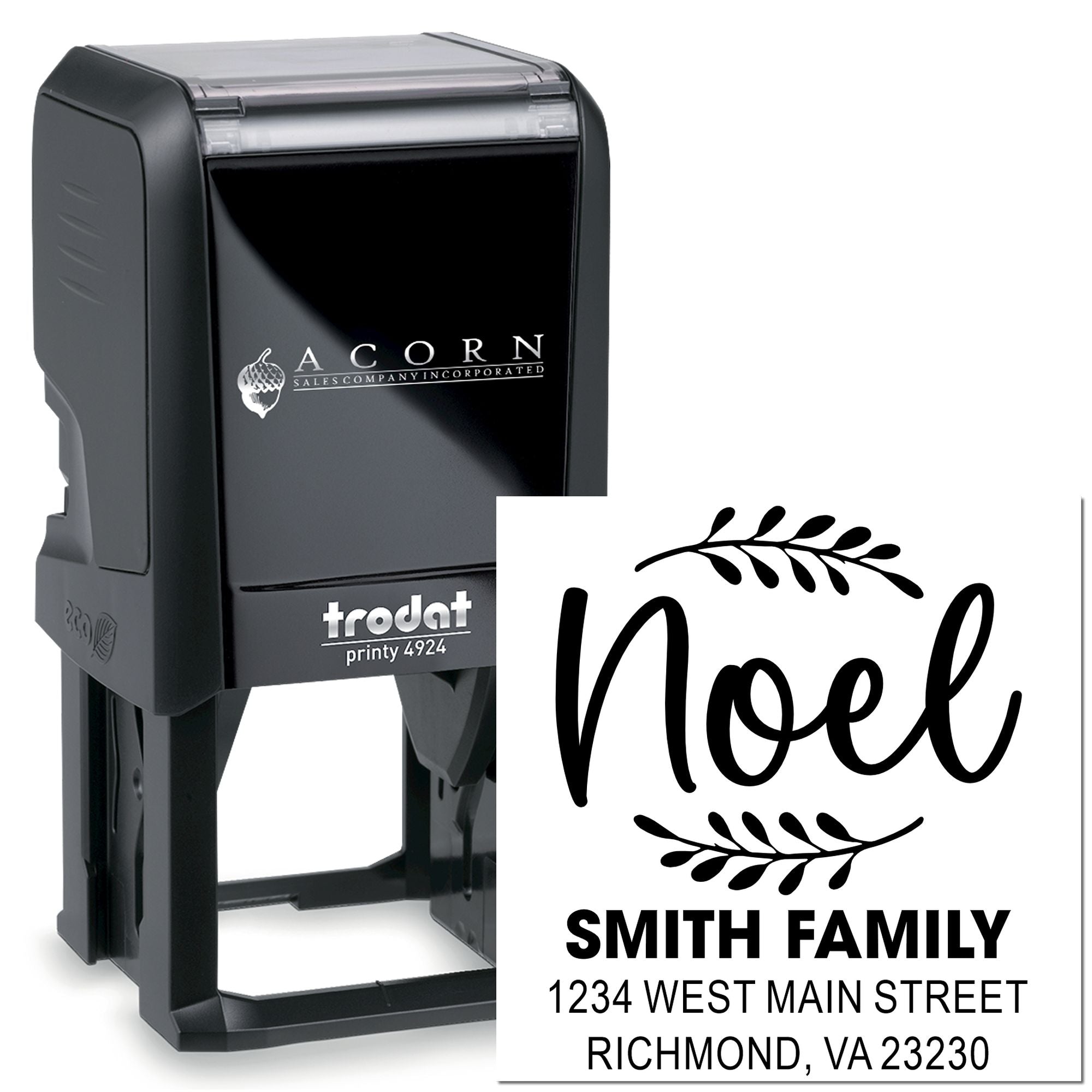 Custom self-inking rubber address stamp, Trodat Printy 4924, with Noel family return address for envelopes and mail.