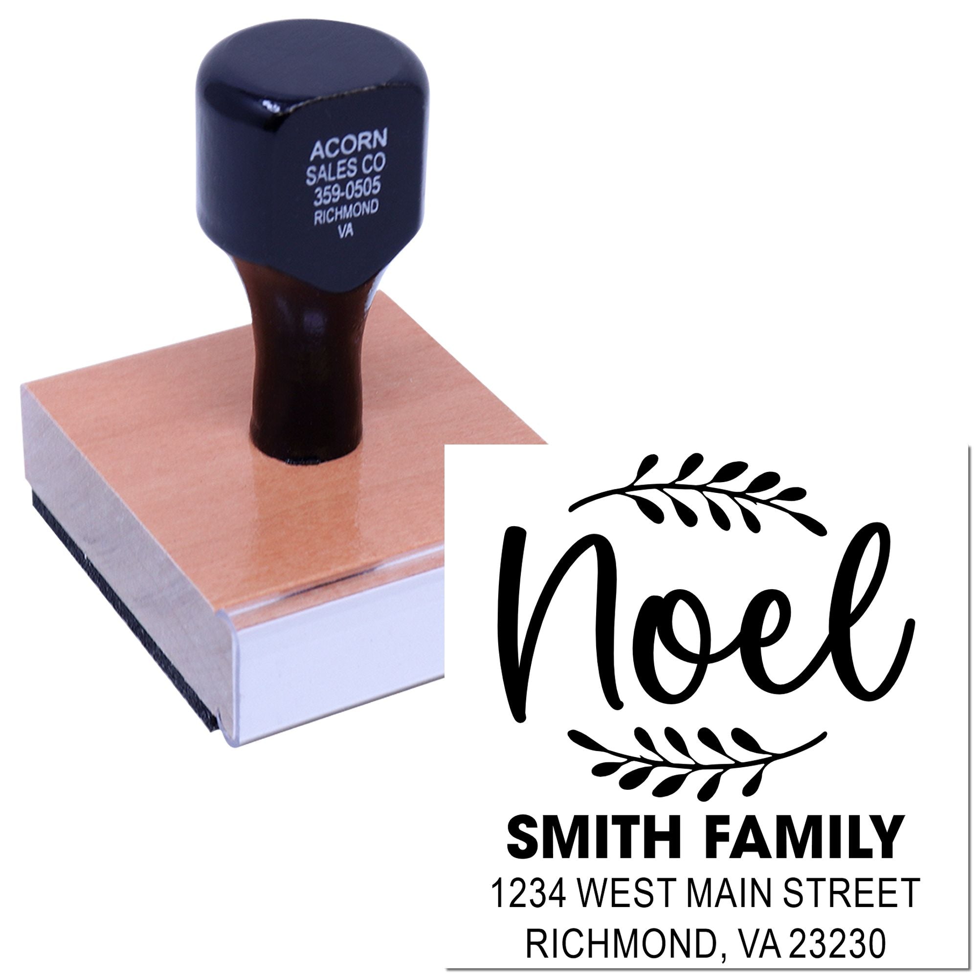 Custom address rubber stamp with Noel design and Smith family address for personalized holiday cards and envelopes.