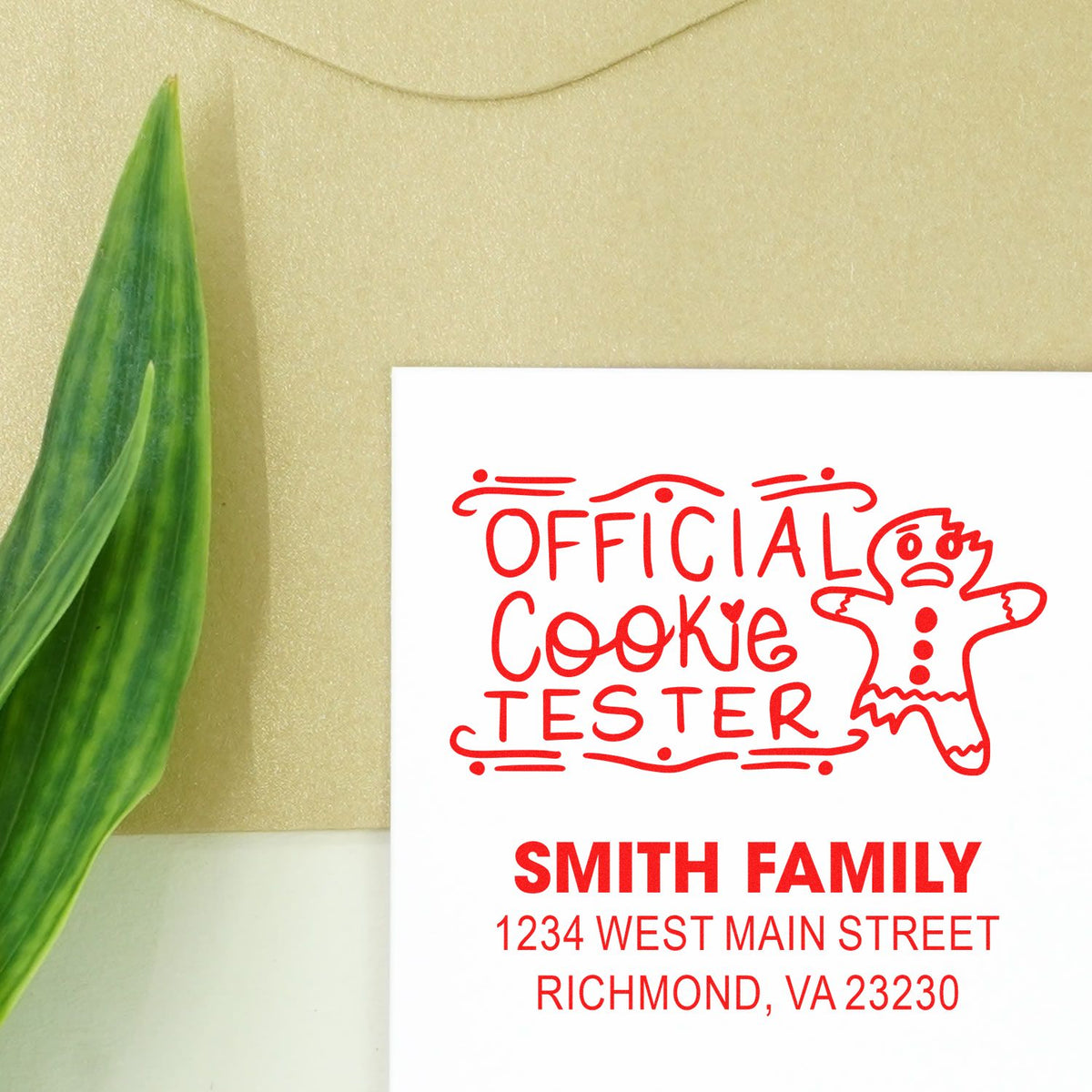 Custom rubber stamp design for Smith Family: Official Cookie Tester with address, personalized for bakery gifts and home use.