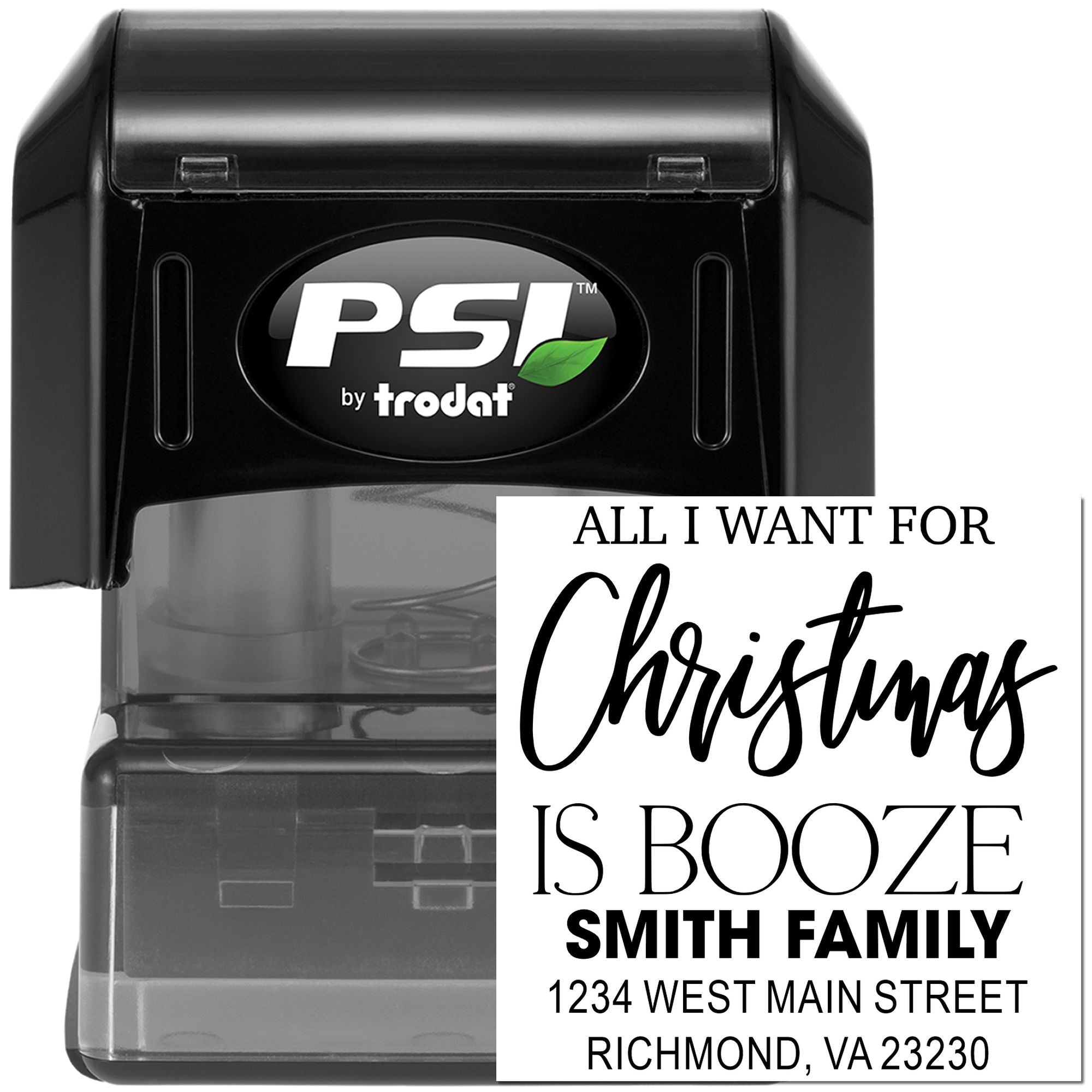 Custom Christmas self-inking rubber stamp reading All I want for Christmas is Booze with Smith family address.