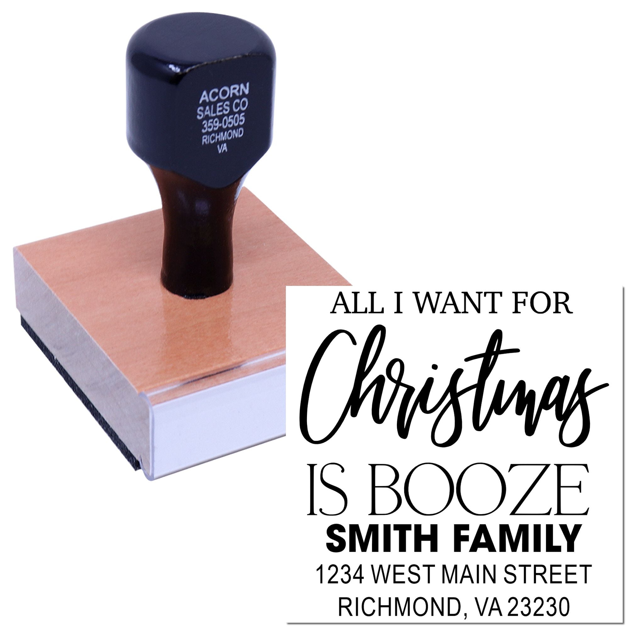 Custom Christmas return address rubber stamp with All I Want for Christmas Is Booze holiday design for Smith family.