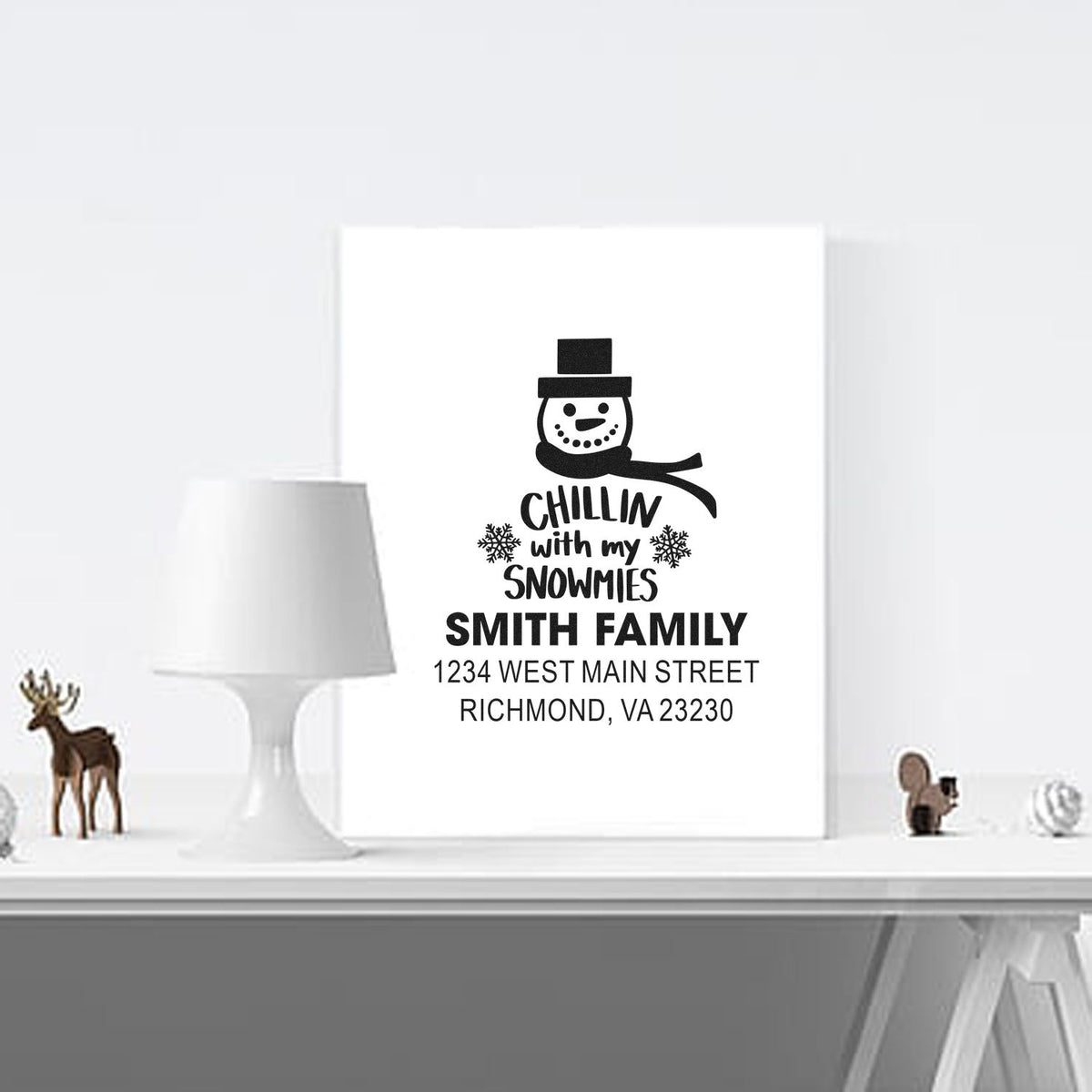 Personalized snowman return address rubber stamp for holiday cards, featuring Chillin with my snowmies family name and address.