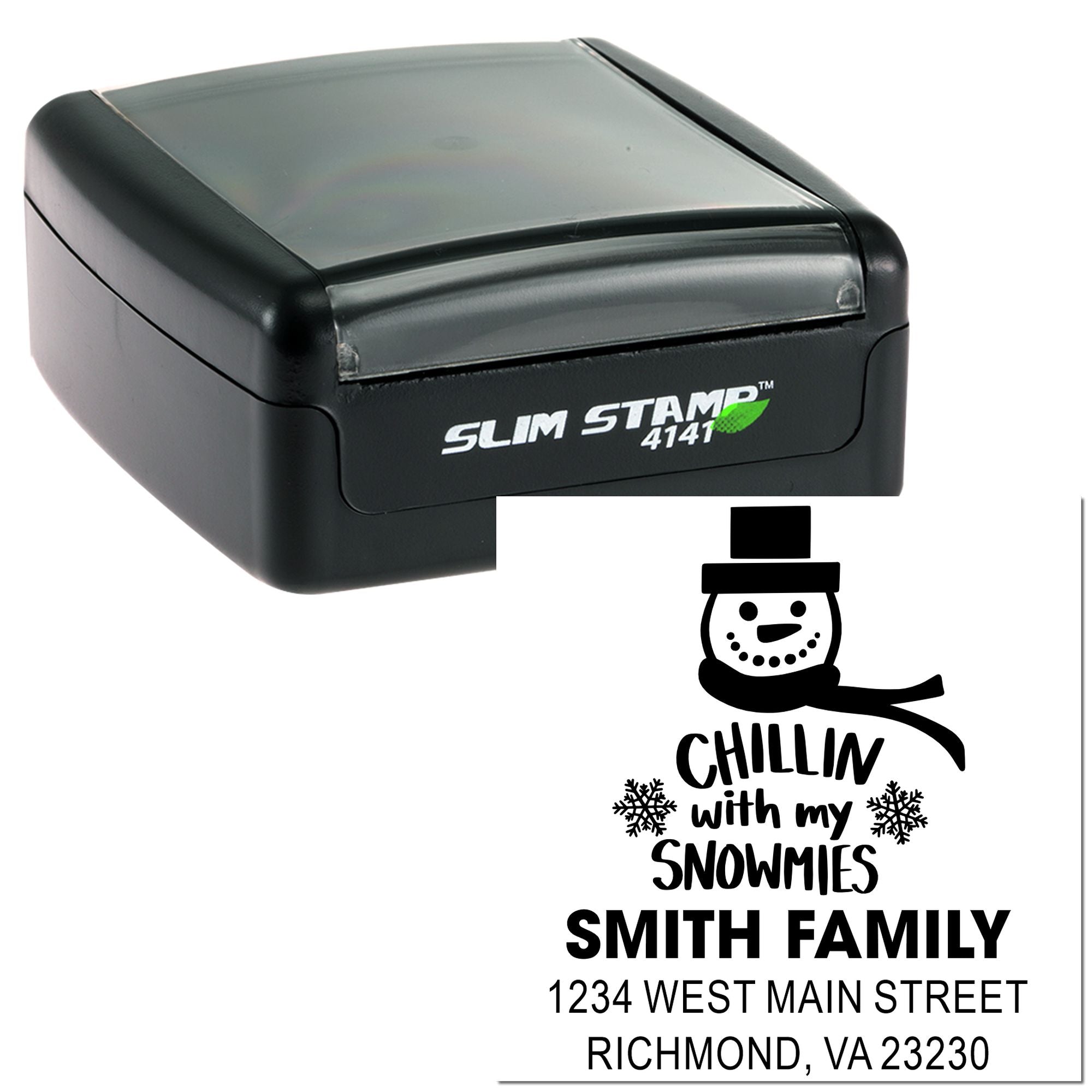 Self-inking custom address rubber stamp with snowman design, perfect for holiday cards and personalized family mail