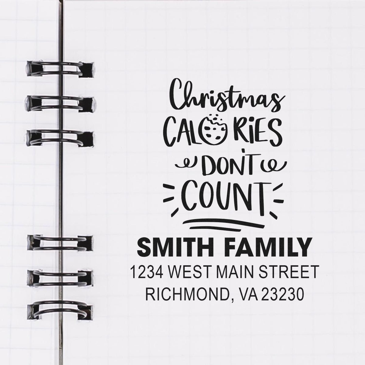 Personalized Christmas rubber stamp design reading Christmas calories dont count with Smith Family name and address.