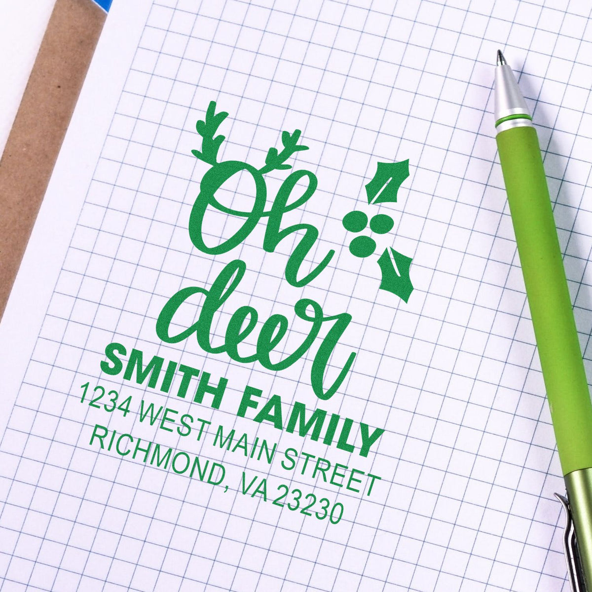 Custom holiday address rubber stamp design with Oh deer deer motif and Smith Family Richmond, VA return address.