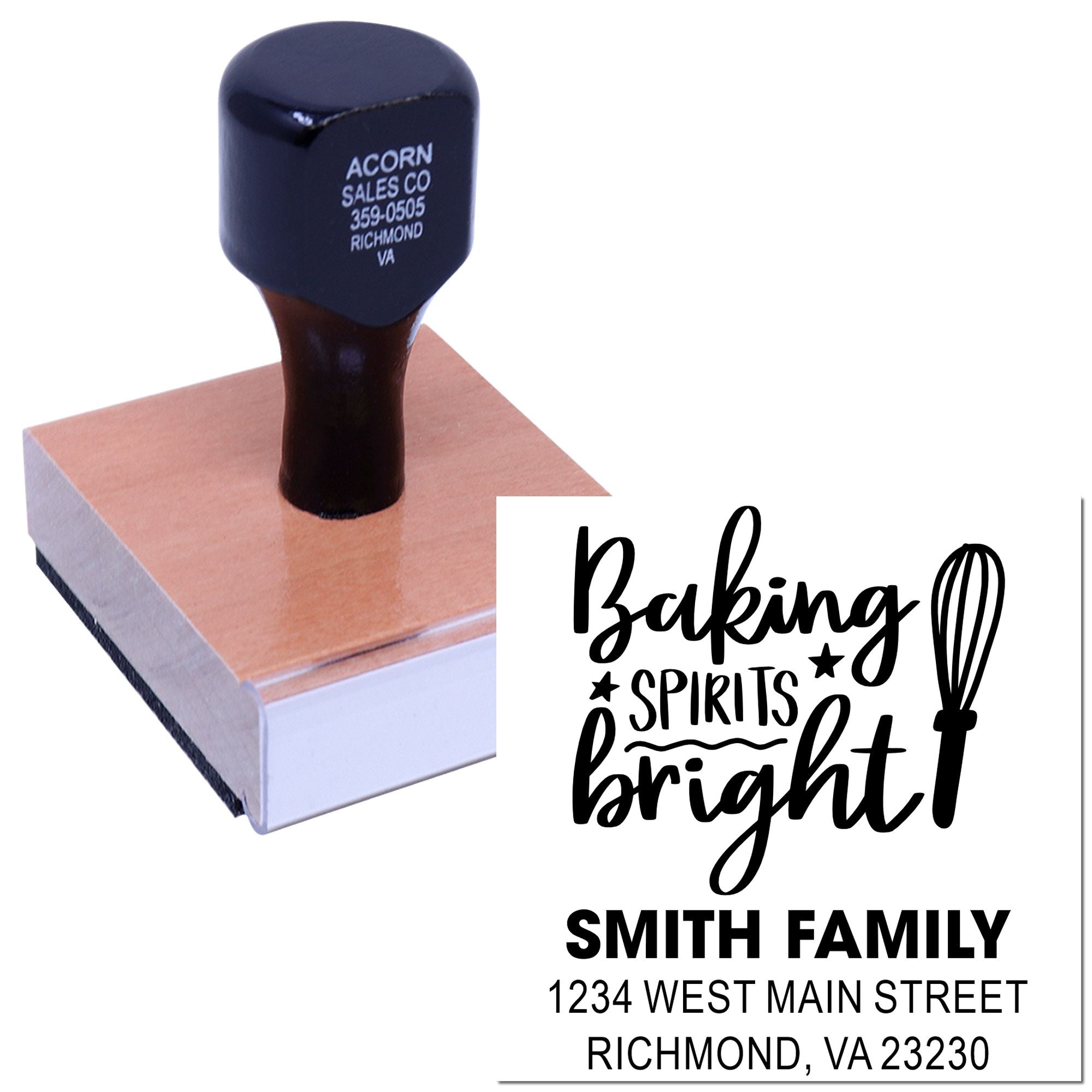 Custom holiday rubber stamp with Baking Spirits Bright and Smith Family address for festive baking and gift packaging.