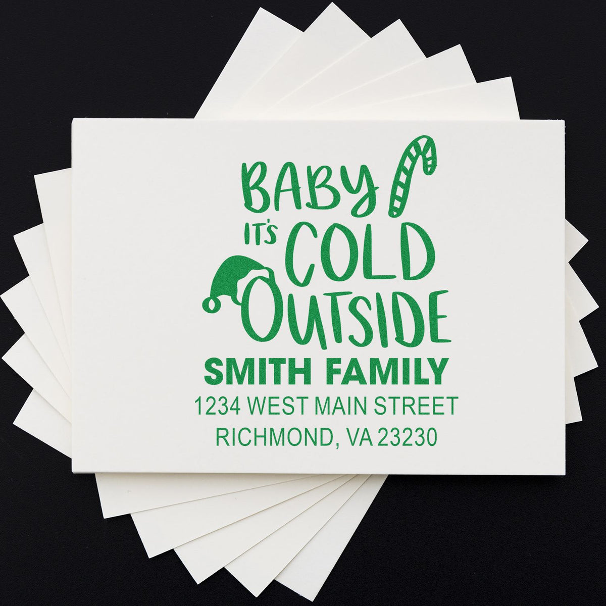 Custom holiday return address rubber stamp with Baby Its Cold Outside design for the Smith family in Richmond, VA.