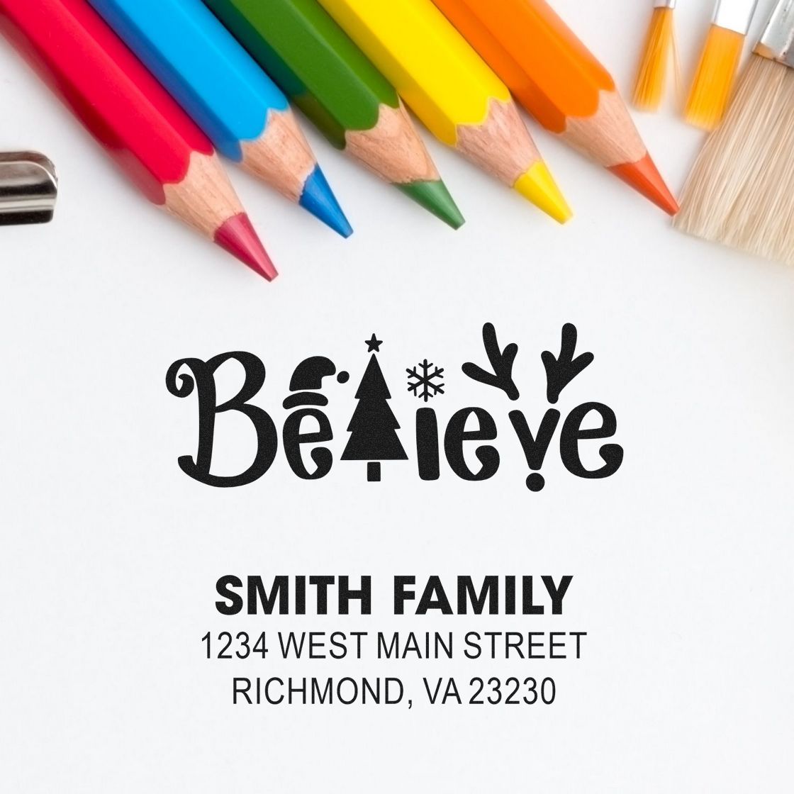 Personalized holiday return address rubber stamp for Smith Family, Richmond VA, with Believe Christmas design.