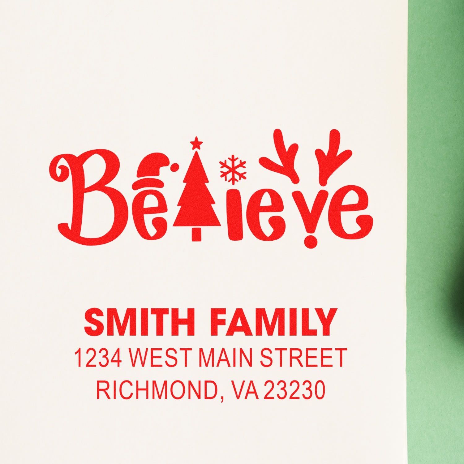 Personalized Christmas return address rubber stamp for Smith Family holiday cards and mailings.