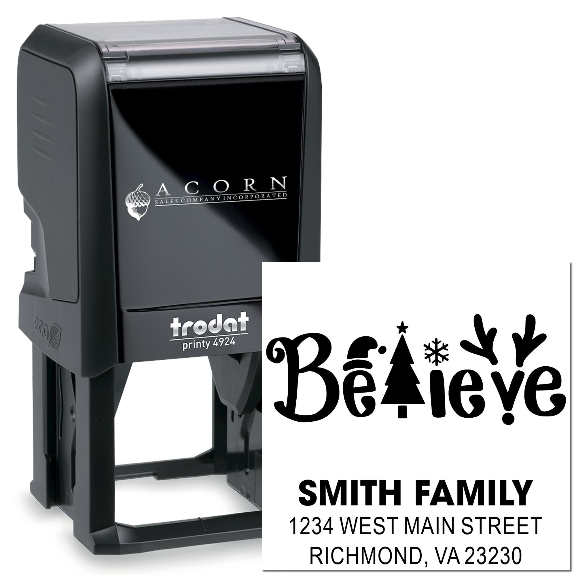 Custom holiday address rubber stamp with Believe design, Smith family name, and return address.