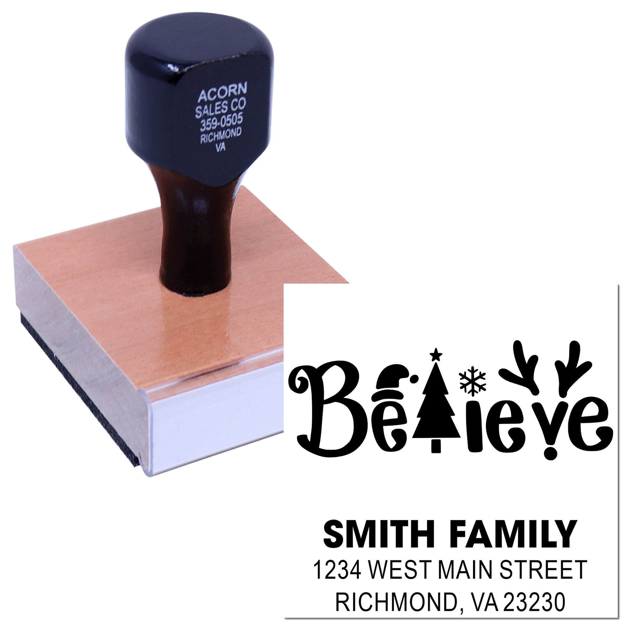 Custom self-inking holiday return address rubber stamp with Believe design for festive family mailings.