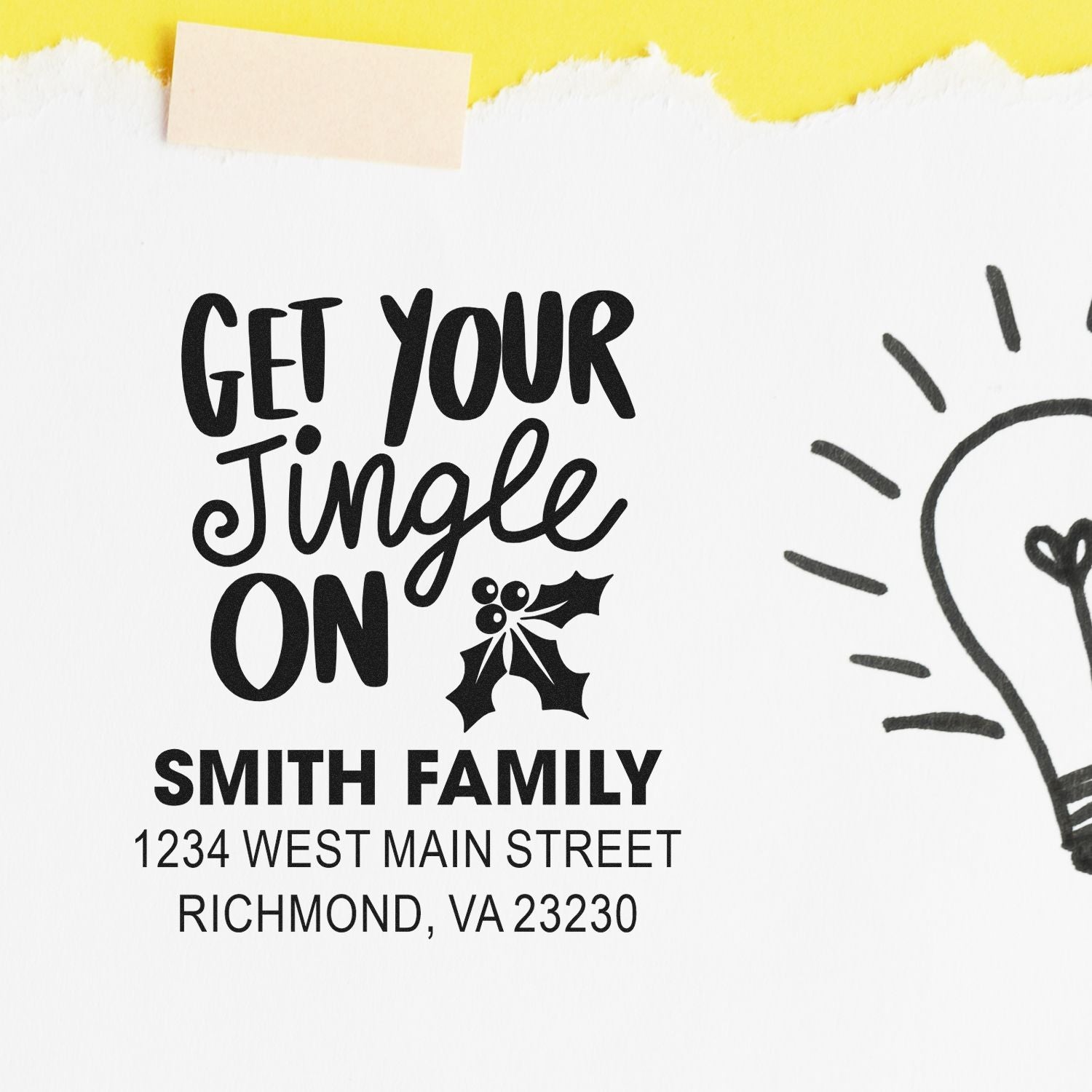 Custom holiday return address rubber stamp with Get Your Jingle On design for Smith Family, Richmond, VA.