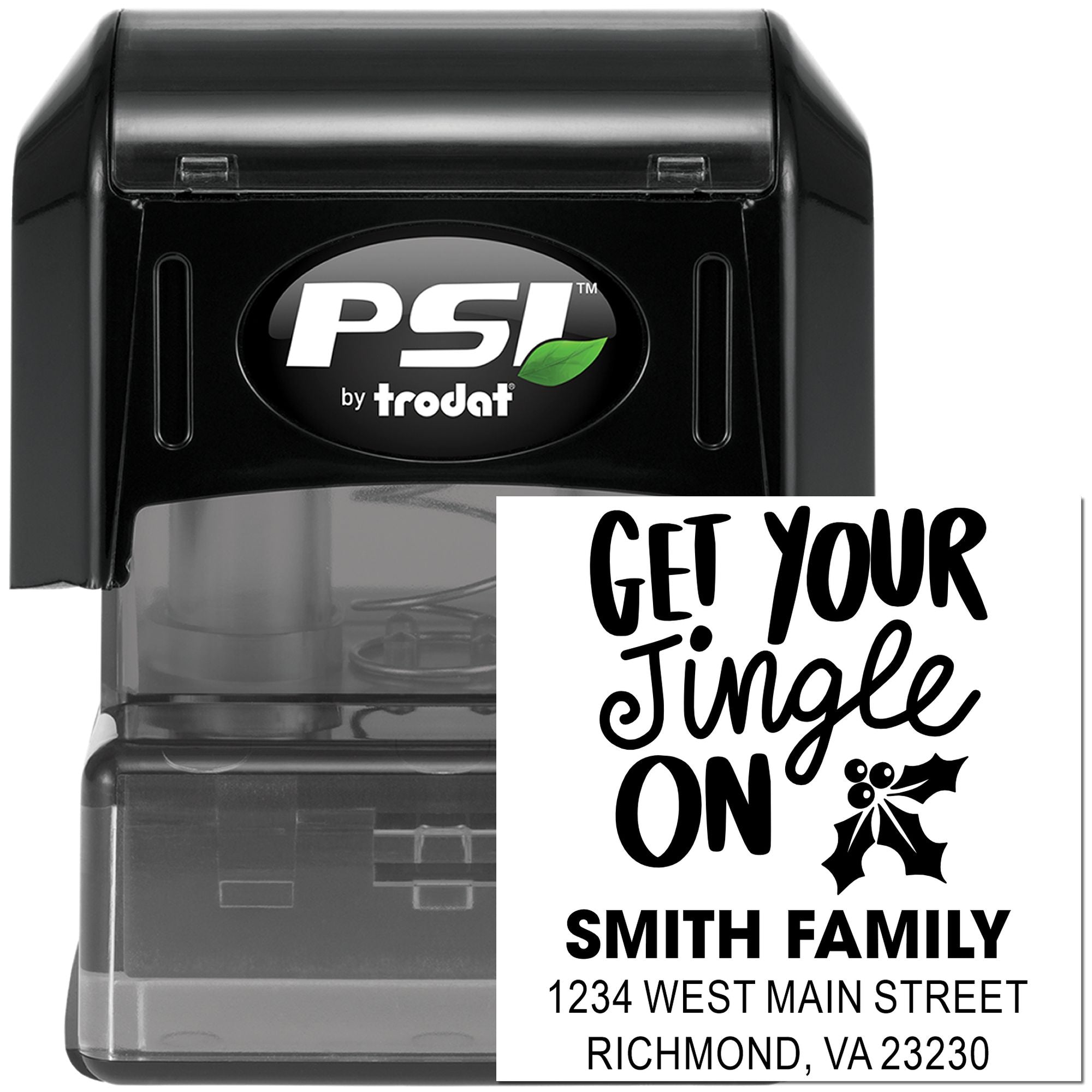 Custom self-inking Christmas address stamp with Get Your Jingle On and Smith family return address.