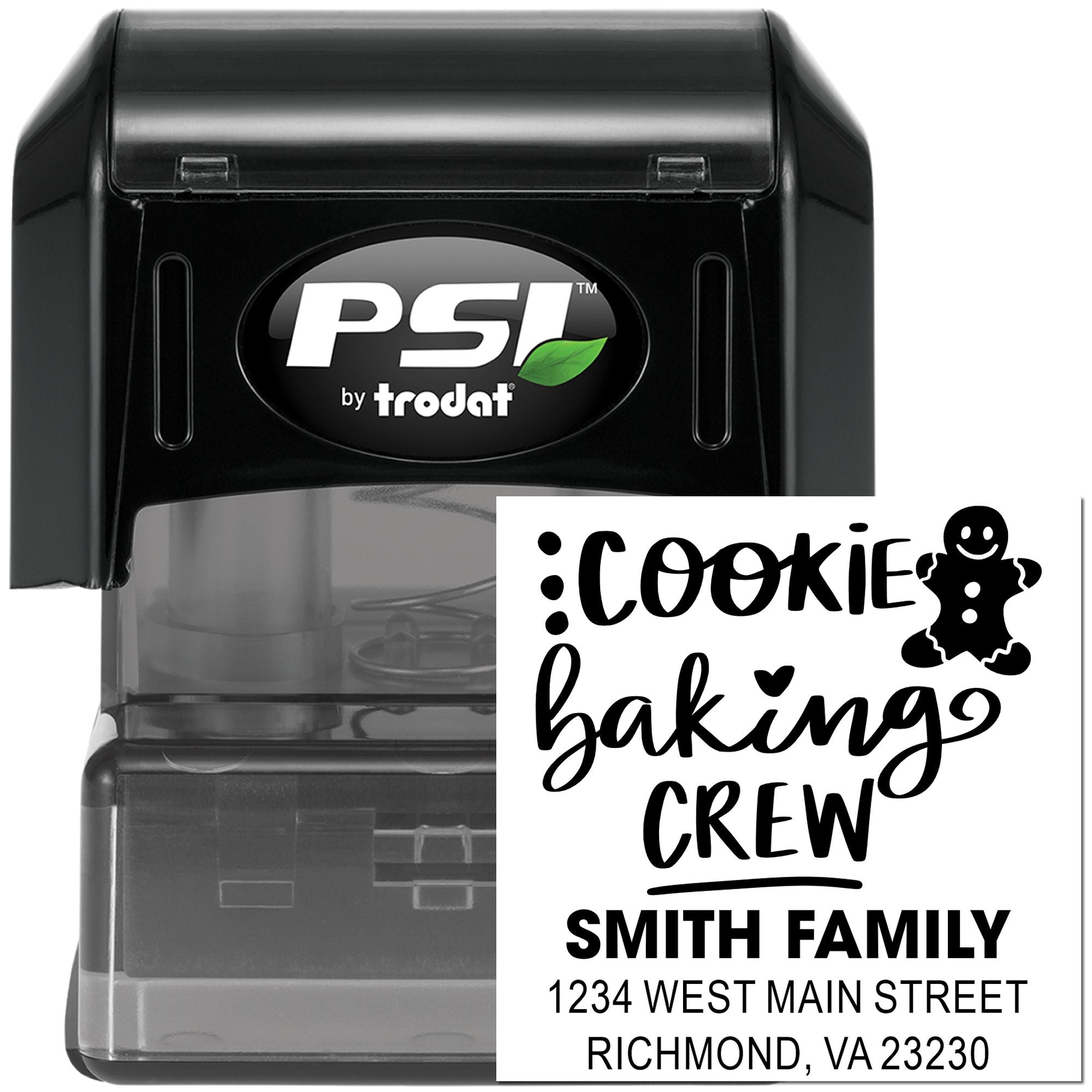 Custom self-inking rubber stamp with cookie baking crew design, family name, and address for personalized bakery packaging.