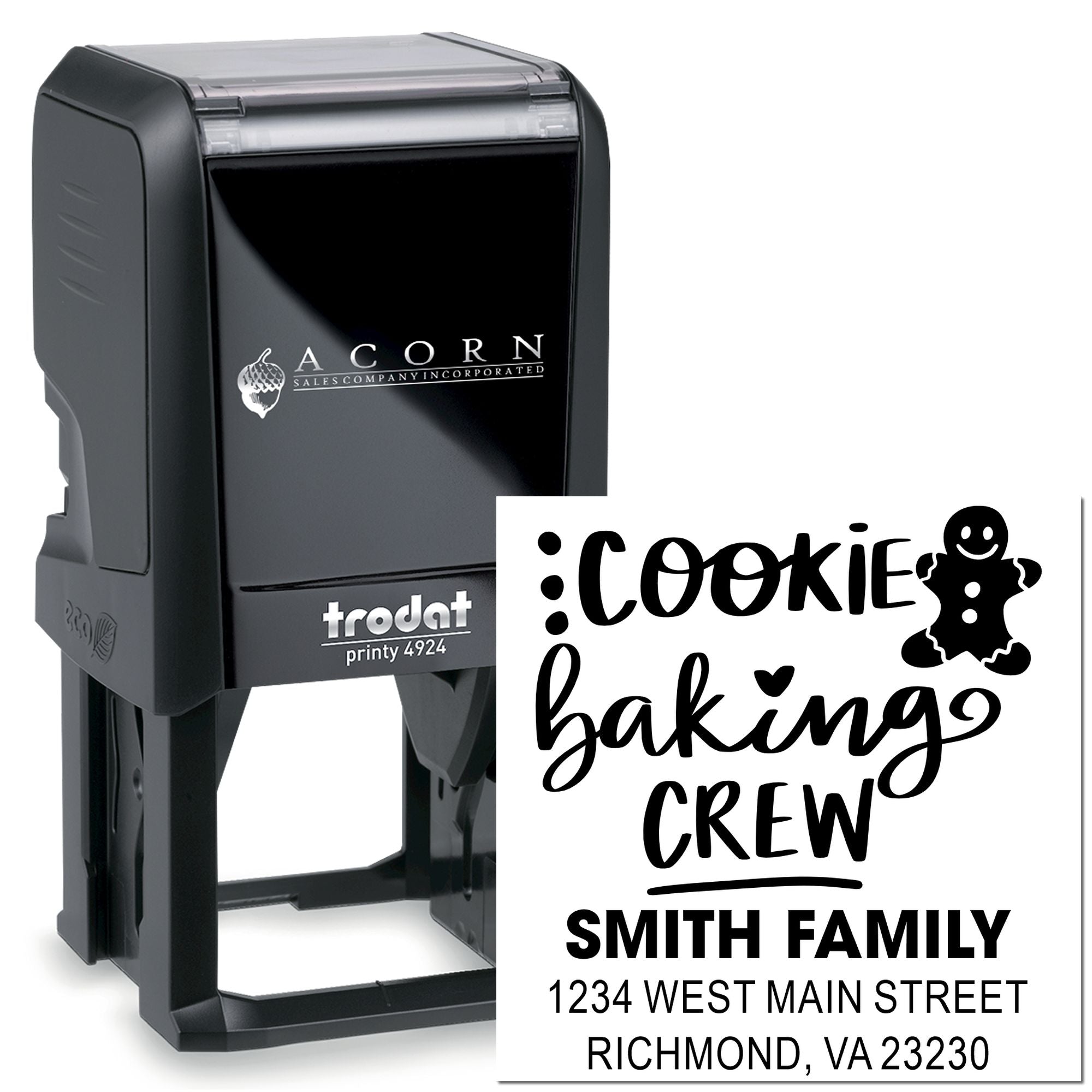 Trodat self-inking rubber stamp with custom Cookie Baking Crew return address design for Smith family.