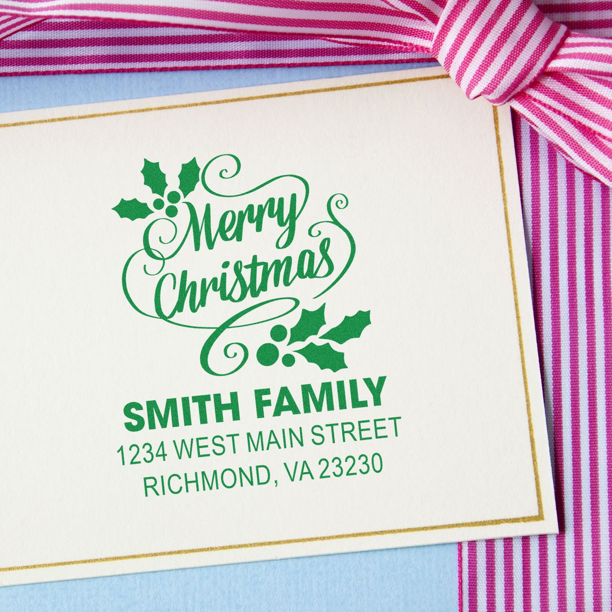 Personalized Merry Christmas rubber stamp with Smith Family return address for holiday cards