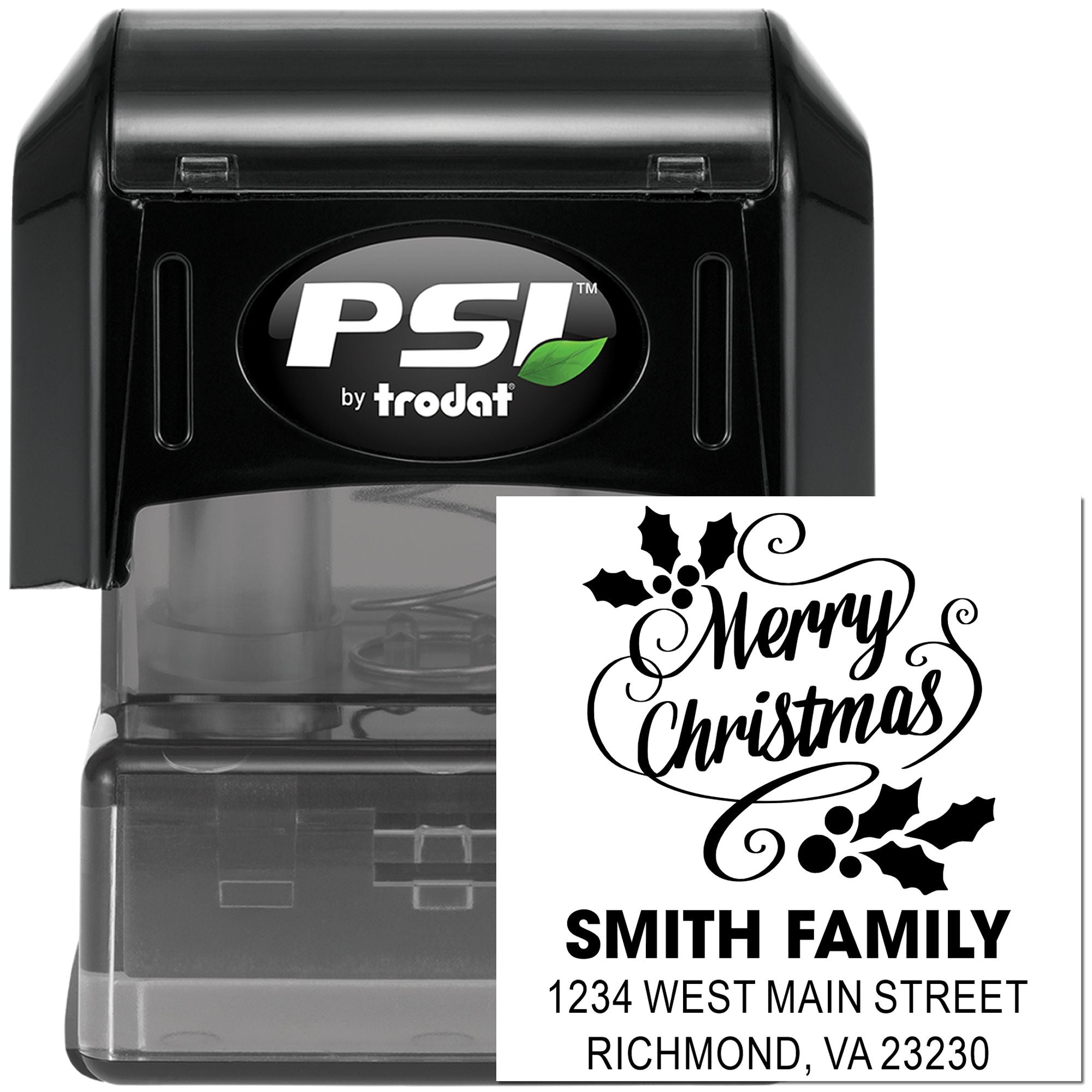 Custom self-inking rubber stamp with Merry Christmas return address design for Smith Family holiday cards and mailings