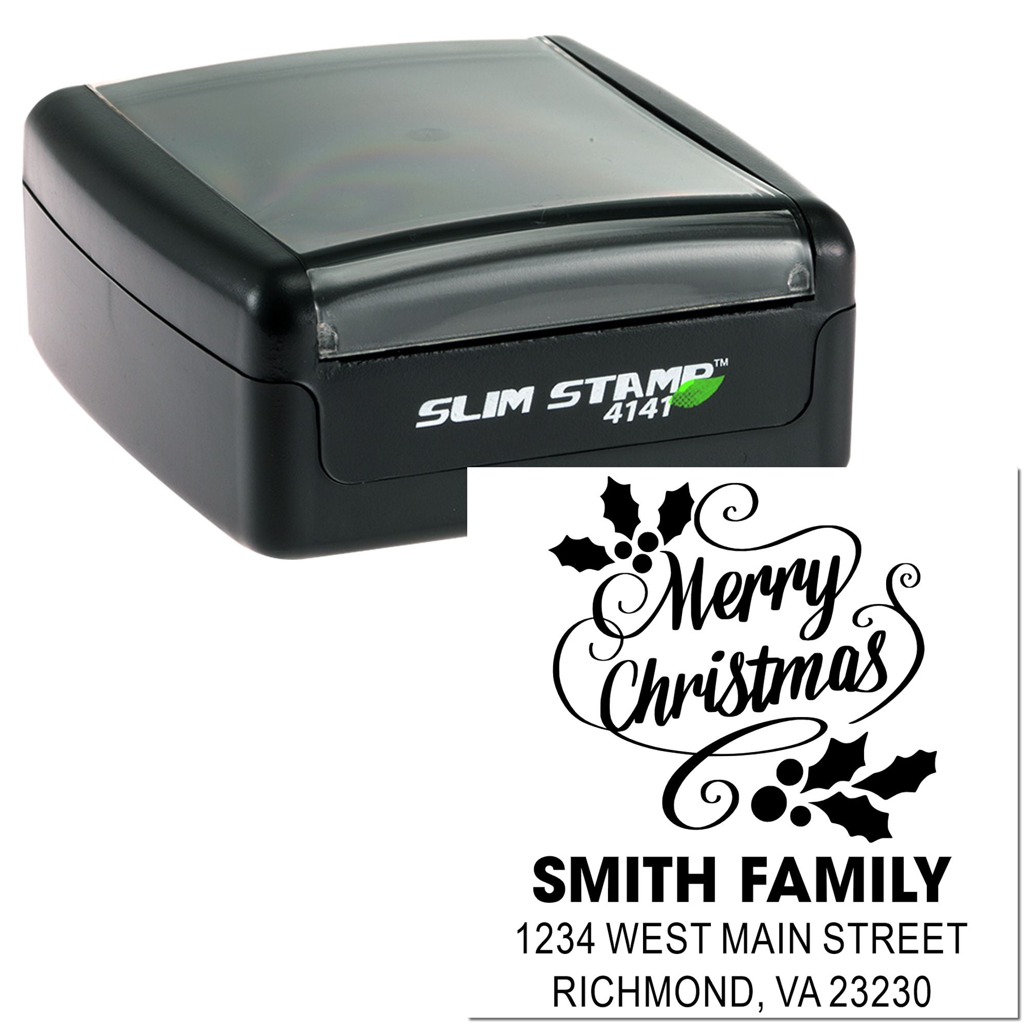 Custom Christmas return address rubber stamp with self-inking Slim Stamp 4141 and Smith family address.
