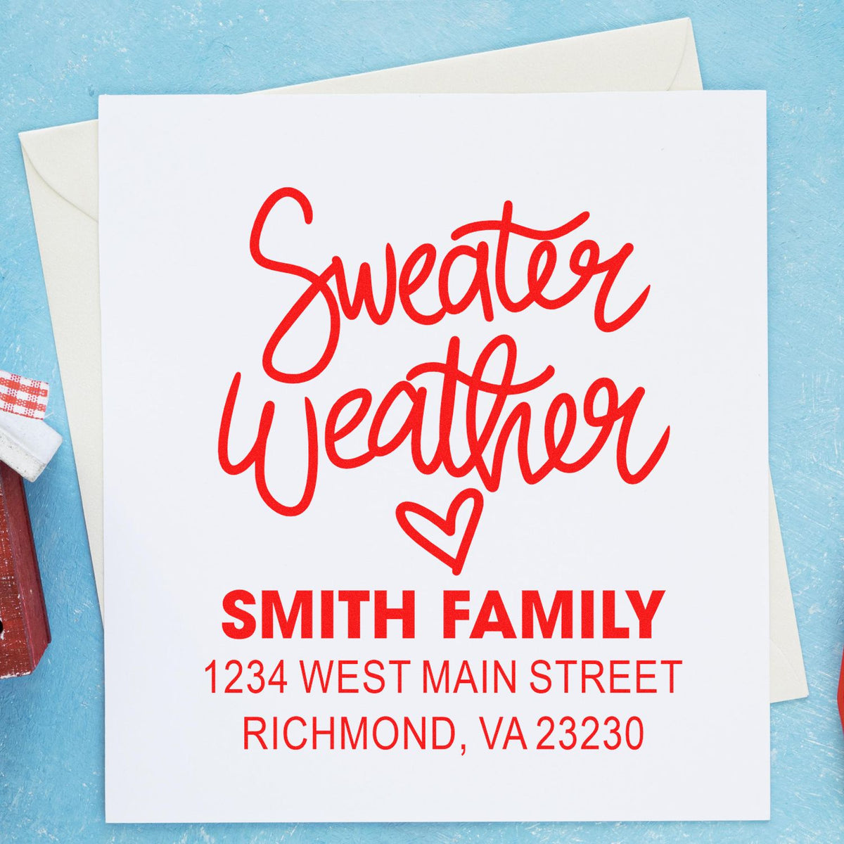 Custom Sweater Weather return address rubber stamp for Smith Family holiday cards with personalized address imprint