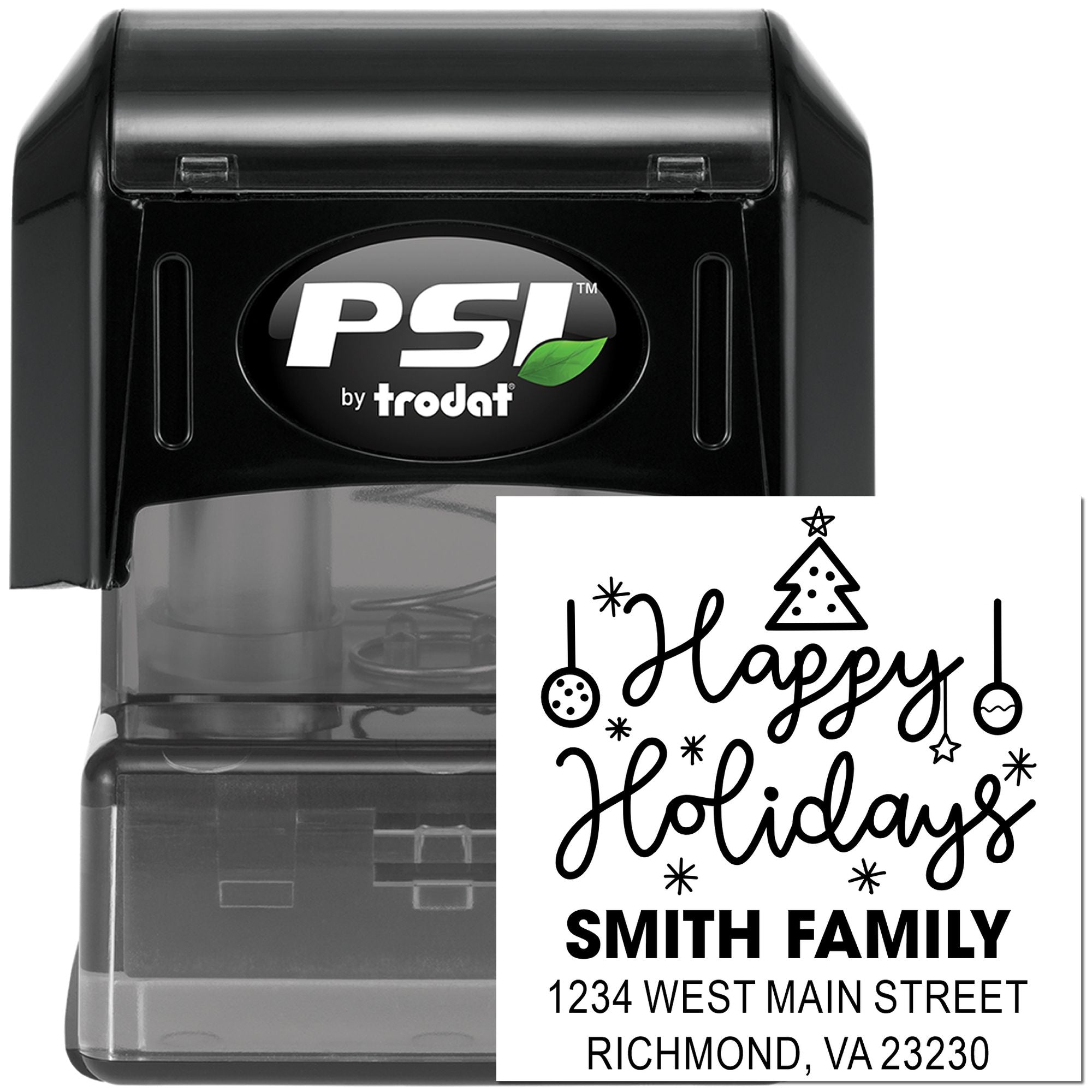 PSI by Trodat self-inking custom holiday return address rubber stamp with Happy Holidays Smith Family design.