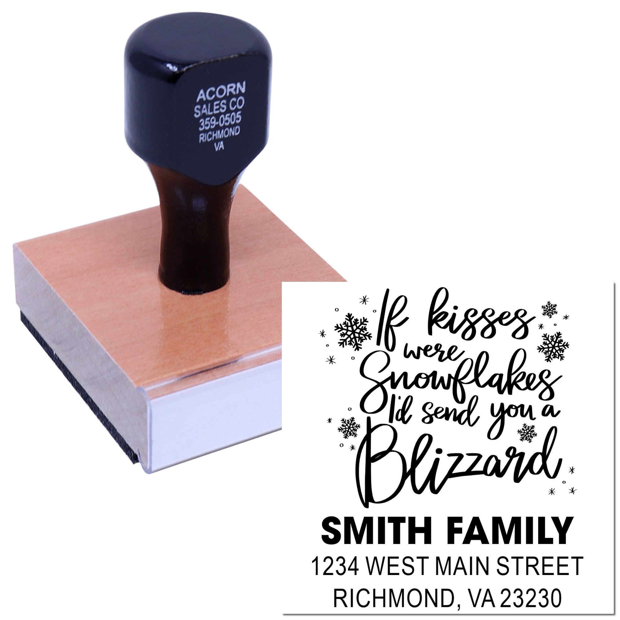 Personalized holiday return address rubber stamp with If kisses were snowflakes and Smith family name.