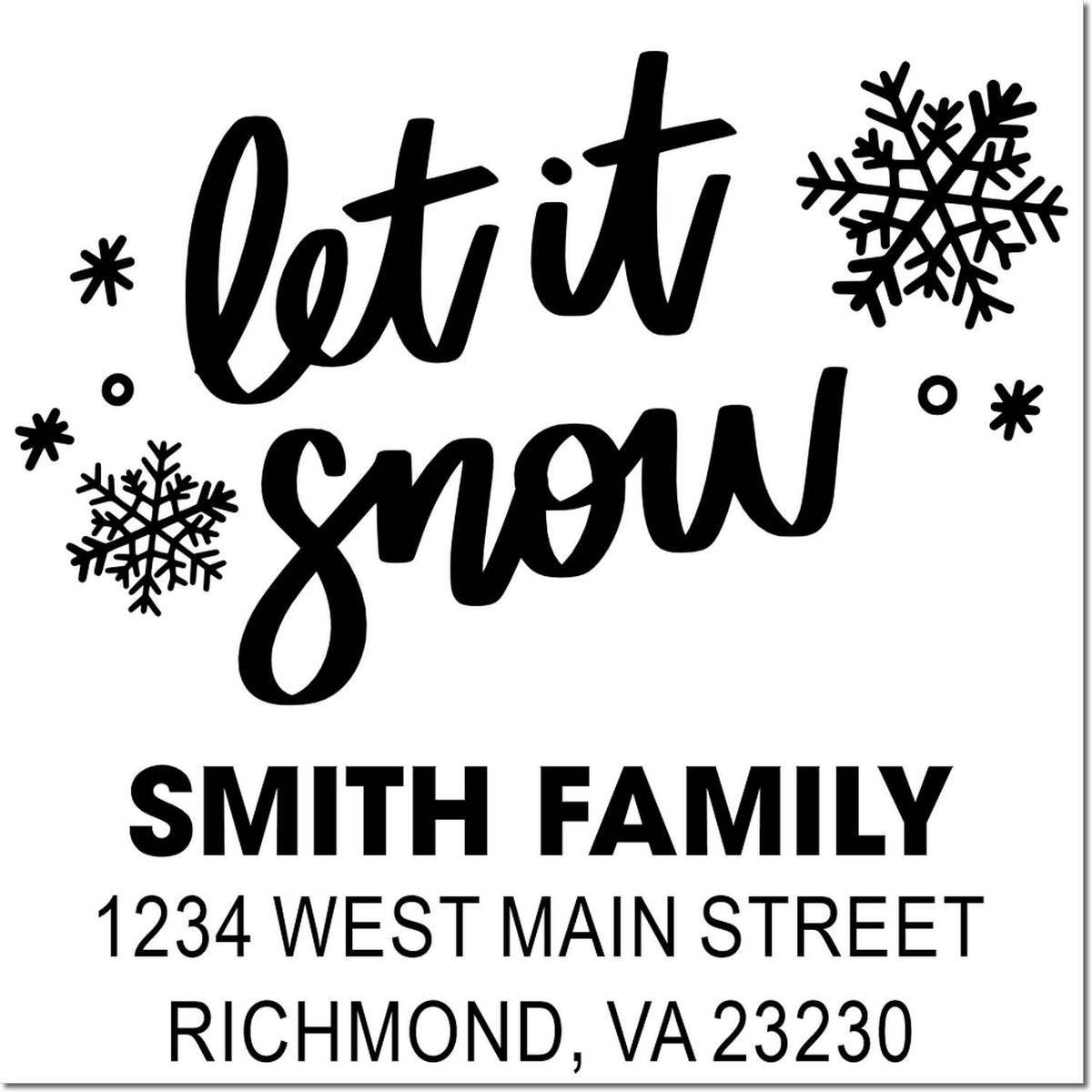 Custom let it snow return address rubber stamp with snowflakes, personalized family name and address for holiday mail.