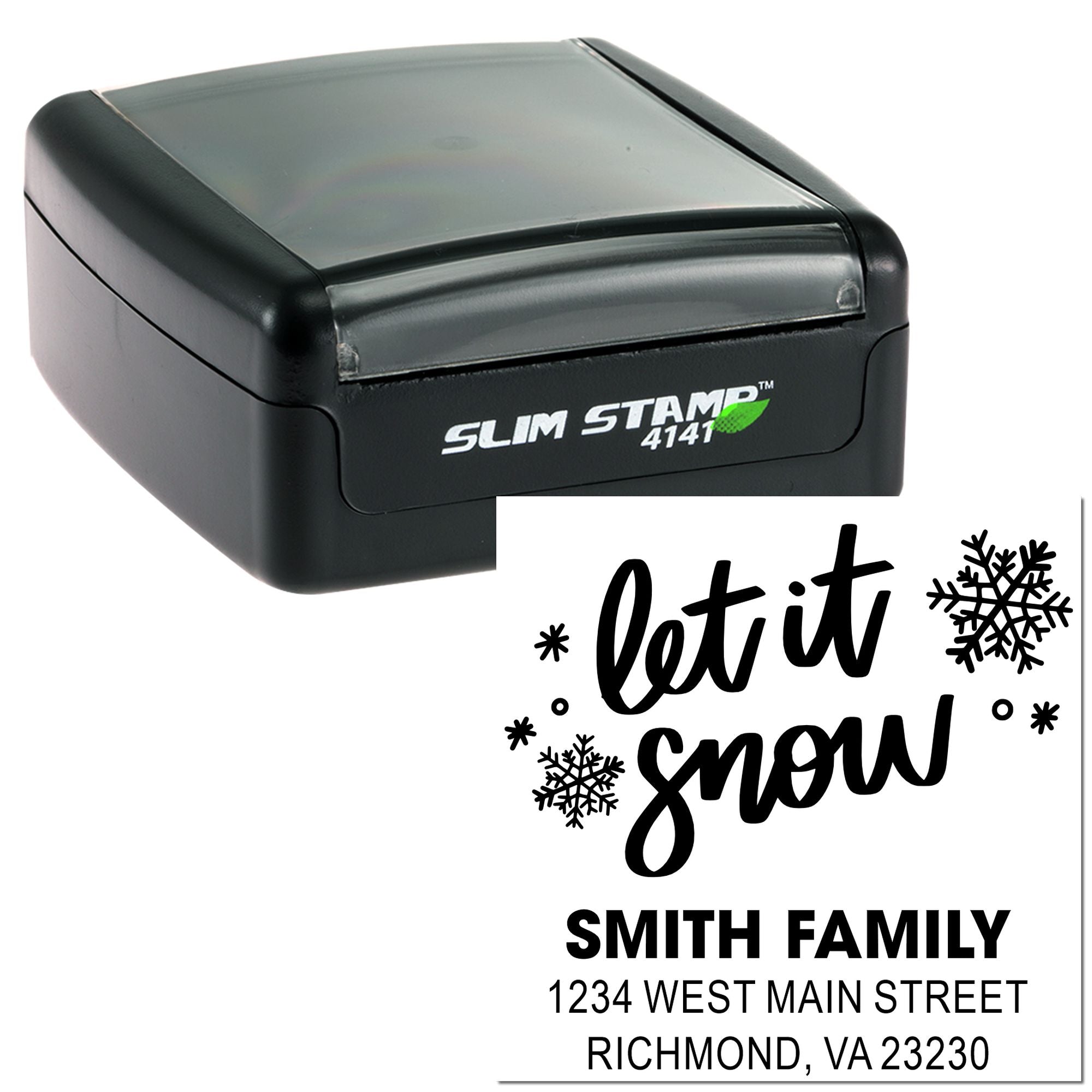 Custom self-inking rubber stamp for holiday return address labels, featuring let it snow snowflake design and Smith family address.