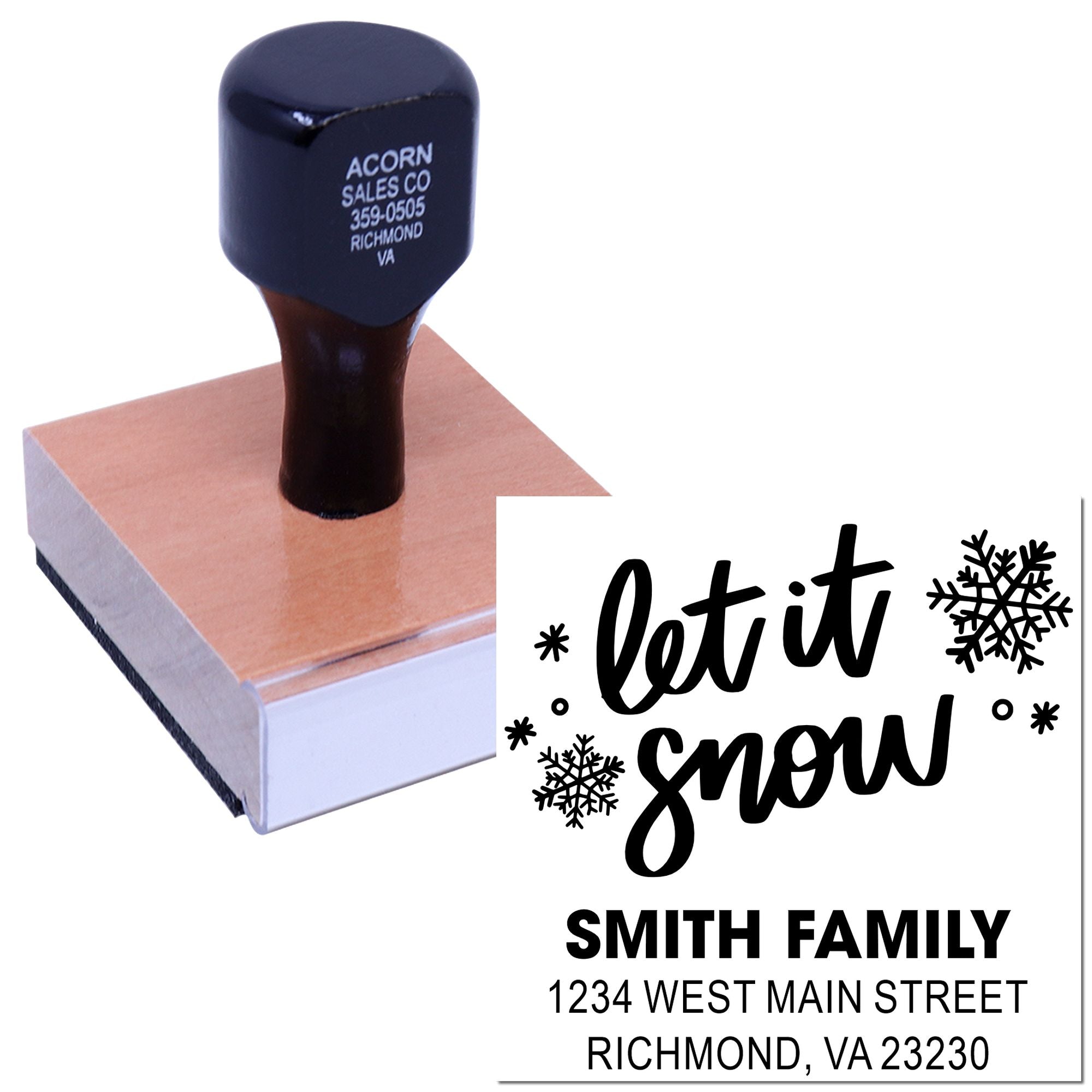 Custom rubber stamp with Let It Snow holiday address design for Smith Family, perfect for seasonal cards and envelopes.